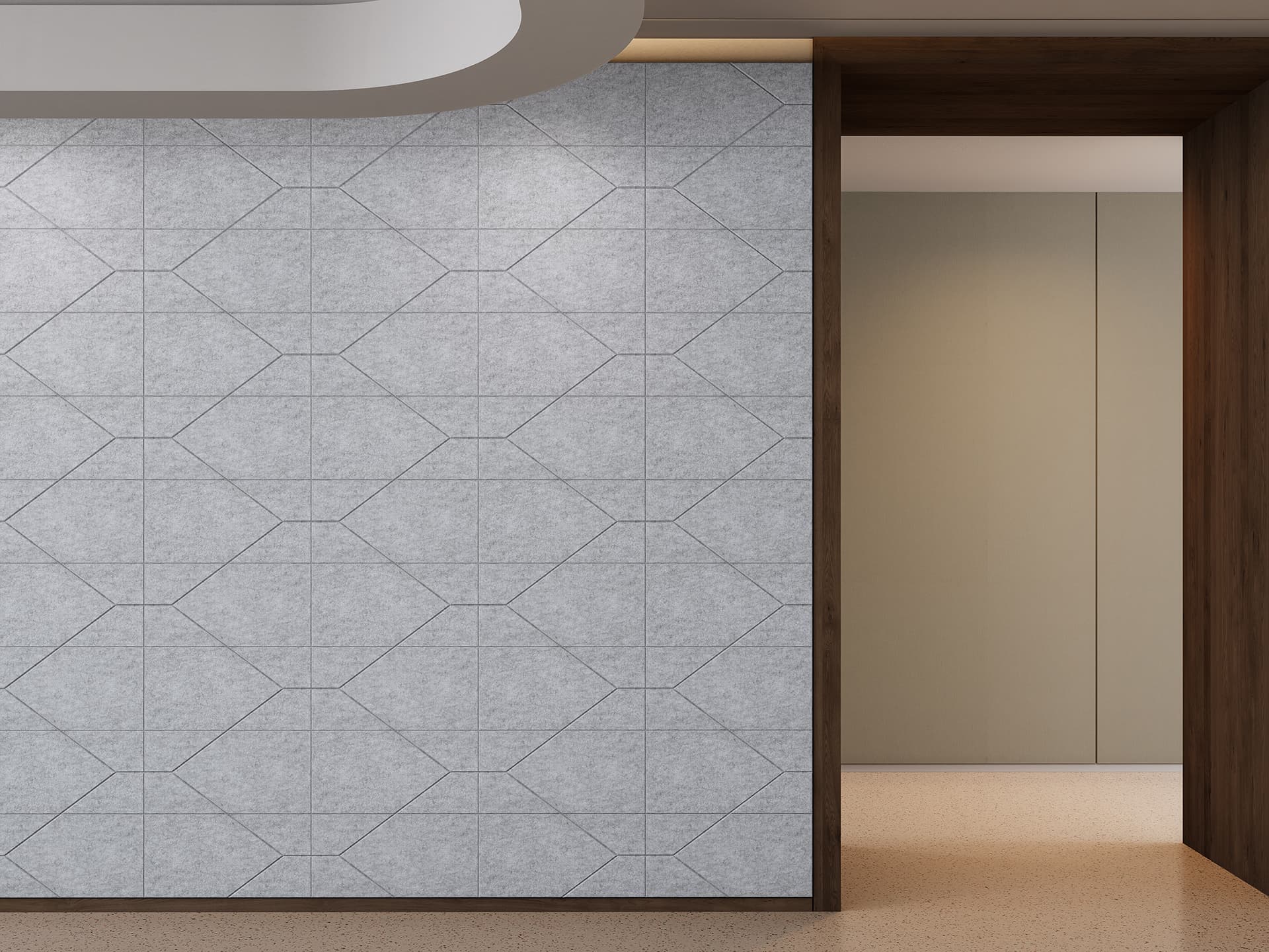A modern interior features a hallway with light gray geometric-patterned acoustic felt tile walls and a wooden door frame. The ceiling has an overhead light fixture, and a beige floor complements the minimalistic design.