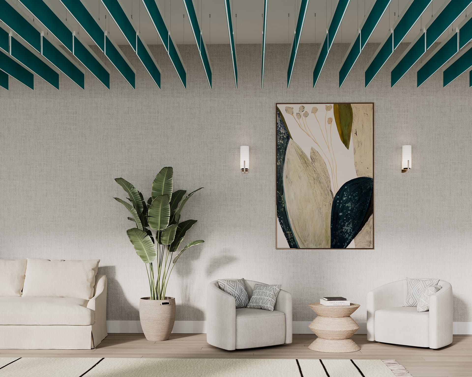 Modern living room with a minimalist design. The space features a cream sofa and two white armchairs with matching cushions. A tall potted plant is beside the seating, and a large abstract painting hangs on the wall. The ceiling has teal acoustic felt baffles.