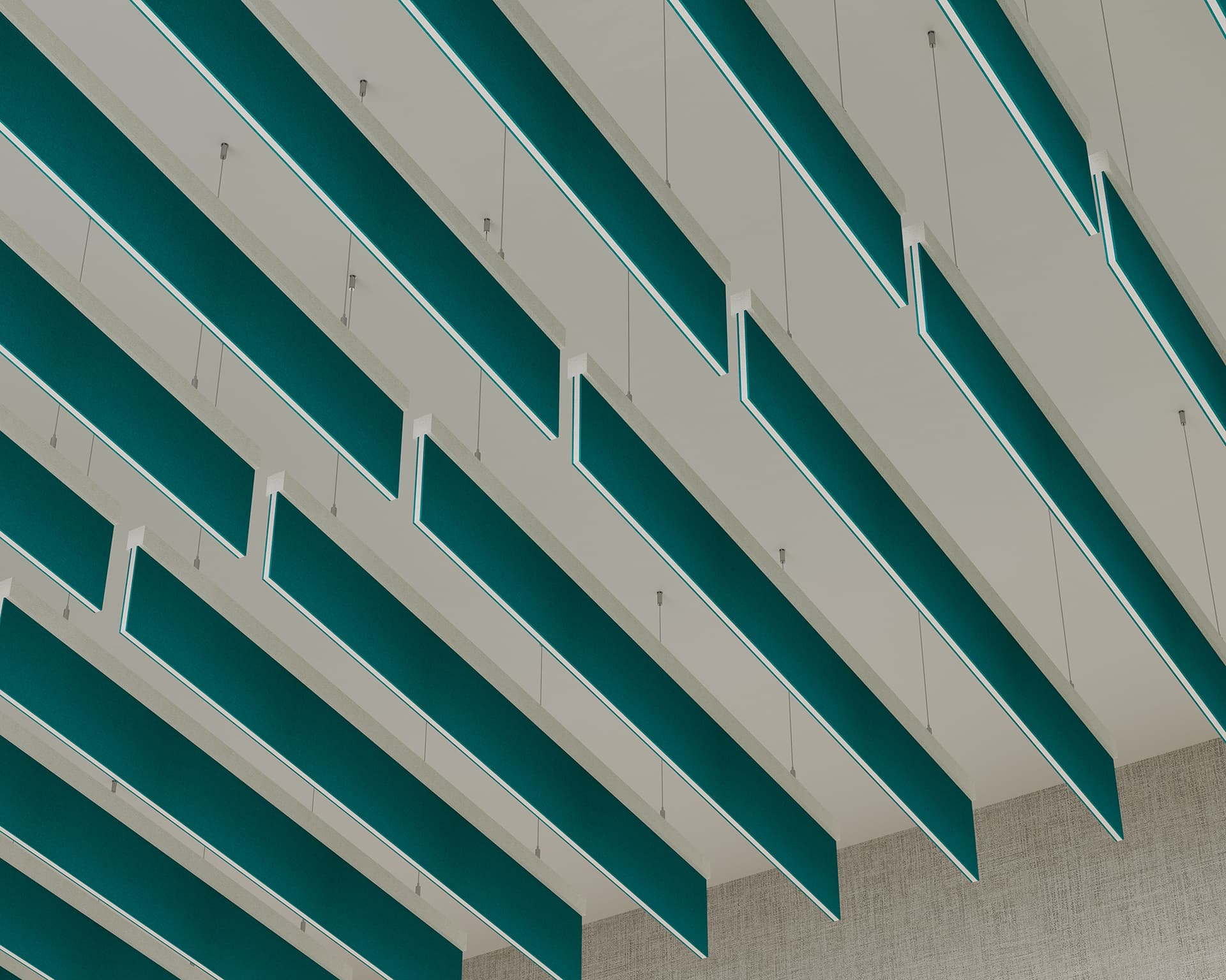 The image shows a ceiling with a modern, geometric design featuring rows of long, rectangular, teal-colored baffles suspended at regular intervals. These panels are arranged horizontally and are evenly spaced, creating a visually striking and contemporary pattern.