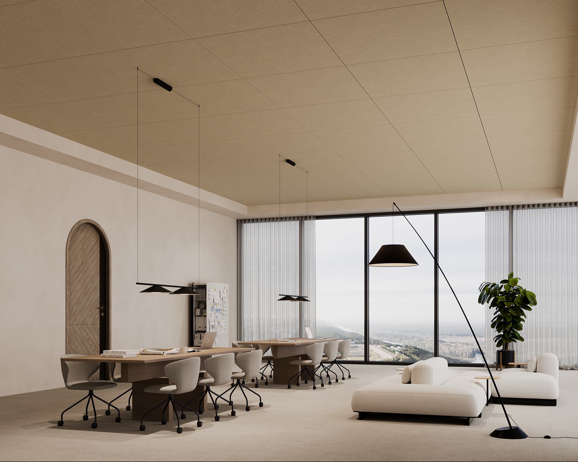 Spacious modern office with minimalist design, featuring long shared wooden desks with grey chairs, an acoustic felt ceiling, a cozy seating area with white sofas, a floor lamp, large windows with sheer curtains offering a city view, and a tall indoor plant.