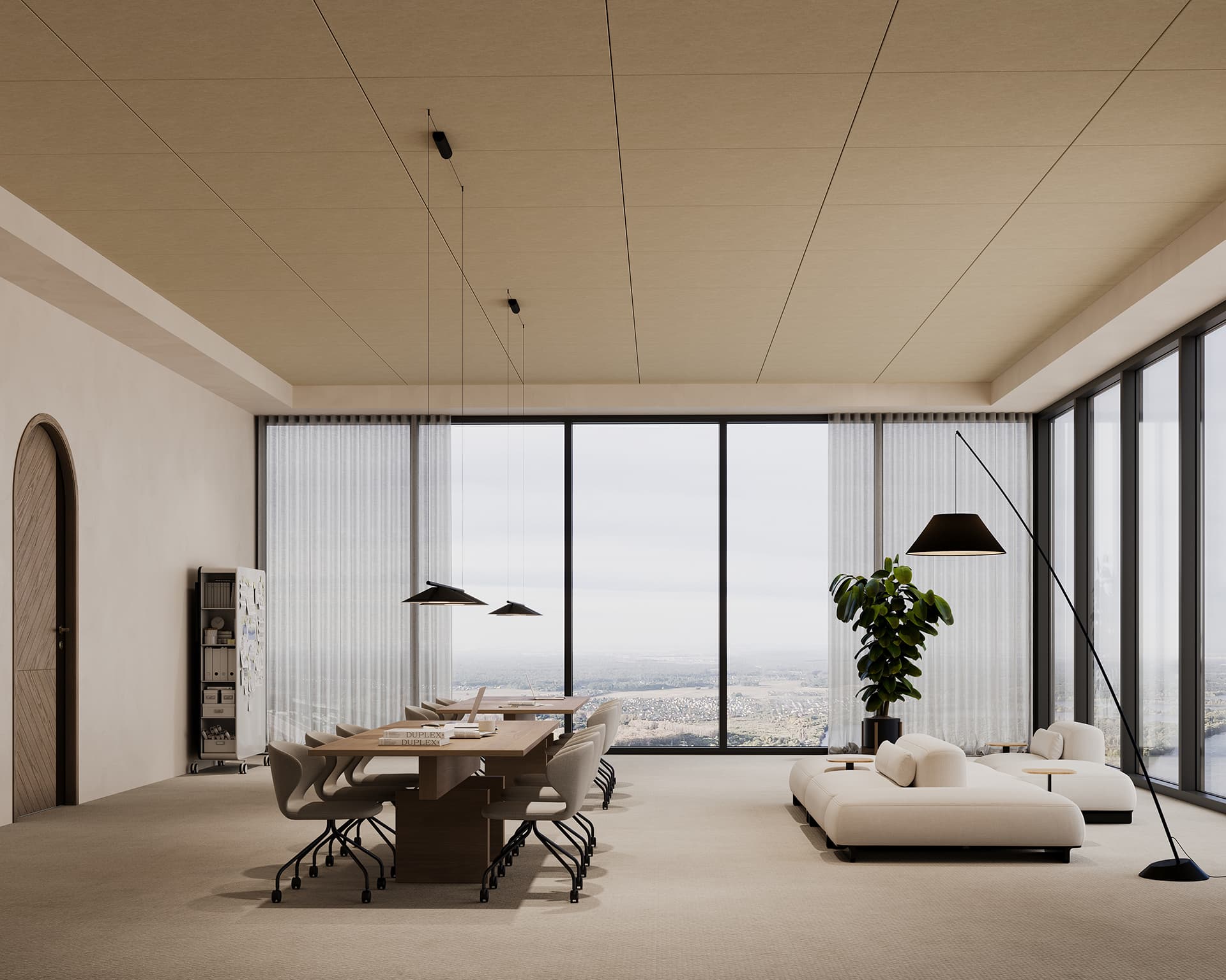 A modern office space with large floor-to-ceiling windows offering a panoramic view. The room features a long wooden conference table with chairs, an acoustic felt ceiling, a white sectional sofa, a tall floor lamp, a bookshelf, and a large potted plant. Neutral tones dominate the decor.
