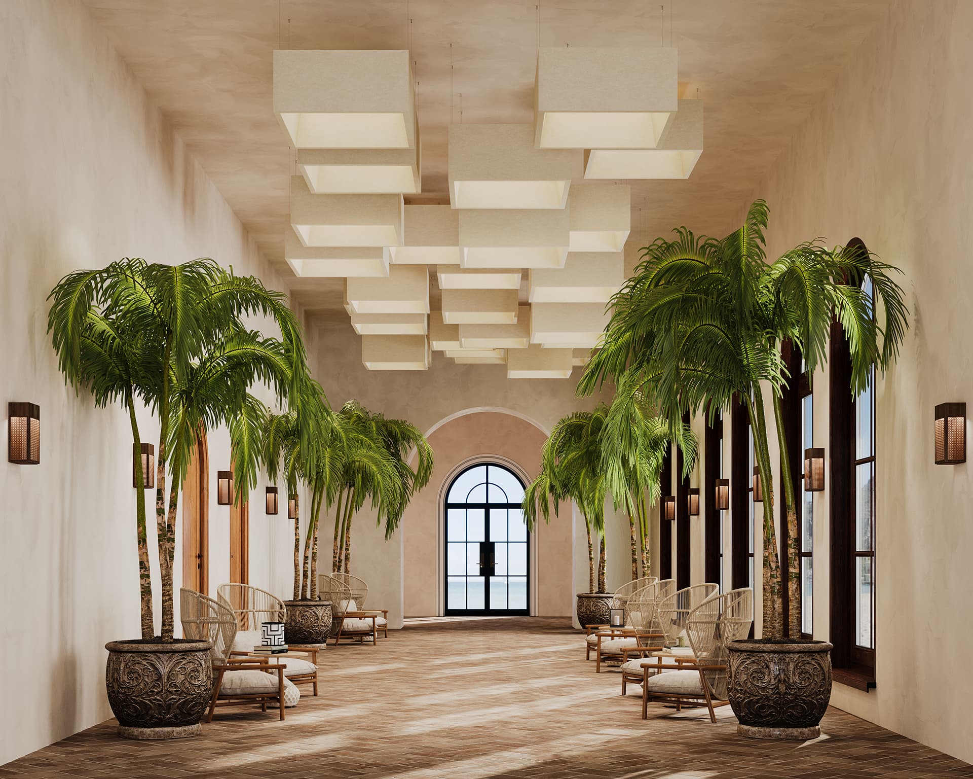 A modern interior hallway with a high ceiling is adorned with large potted palm trees and wicker lounge chairs. Geometric acoustic felt ceiling clouds add a contemporary touch, while a large arched window at the end allows natural light to flood the space.