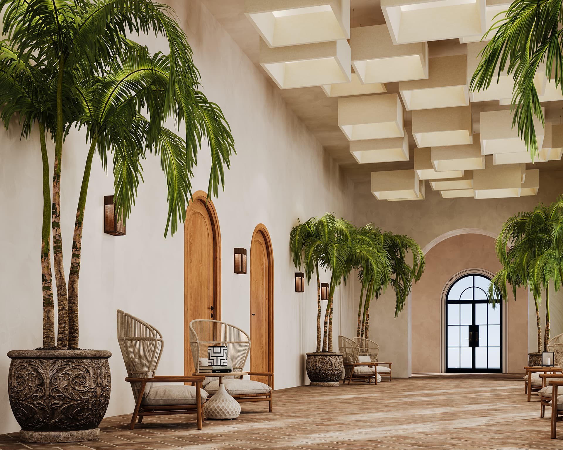 A bright hallway with a high ceiling features large potted palm trees, wooden chairs with cushions, and light wooden doors. The floor is tiled, and geometric acoustic felt clouds are on the ceiling. At the end of the hallway, there's a large arched window with a door.