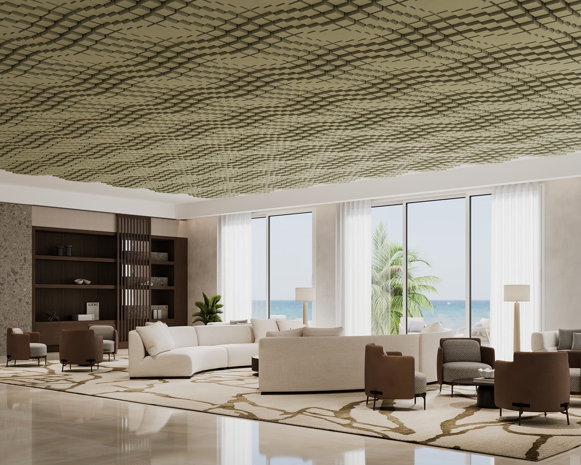 A modern living room featuring white sofas, brown armchairs, a wooden bookshelf with decorative items, and large windows showcasing a seaside view. The ceiling has a unique wave-like patterned design in acoustic felt, and the floor is adorned with a neutral area rug.