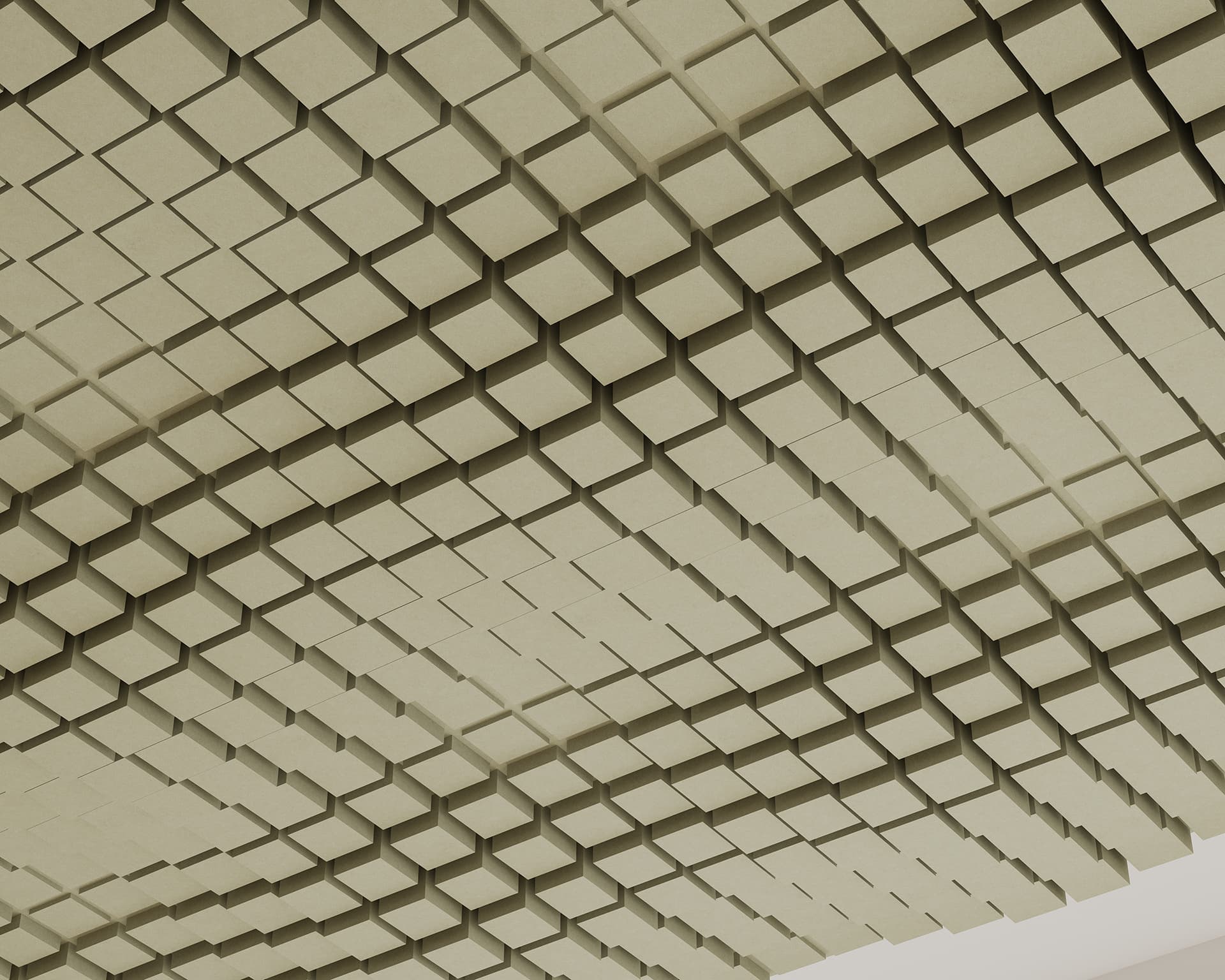 A ceiling covered with a geometric, repeating pattern of beige, three-dimensional, acoustic felt square blocks, creating a textured and uniform appearance. The blocks are evenly spaced, giving the ceiling a modern and abstract aesthetic.