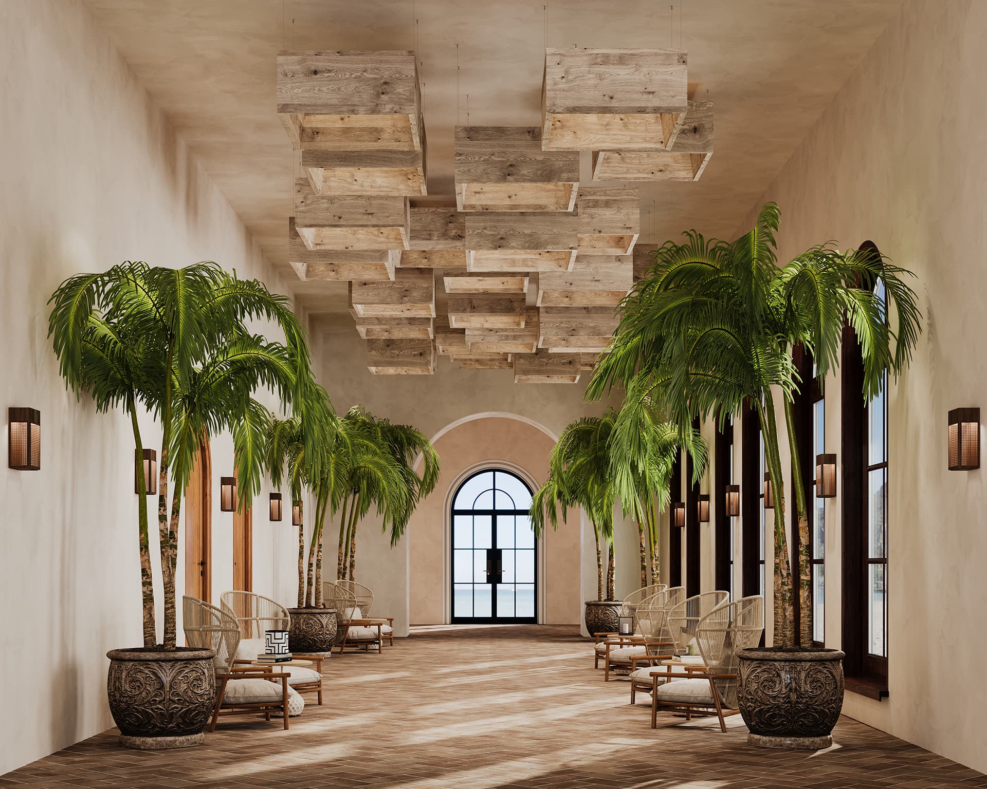 A serene indoor hallway with tall potted palm trees evenly spaced along cream-colored walls. Wooden chairs with cushions face the trees, and the ceiling features a unique, layered acoustic felt cloud design. Natural light streams through large, arched windows at the far end.