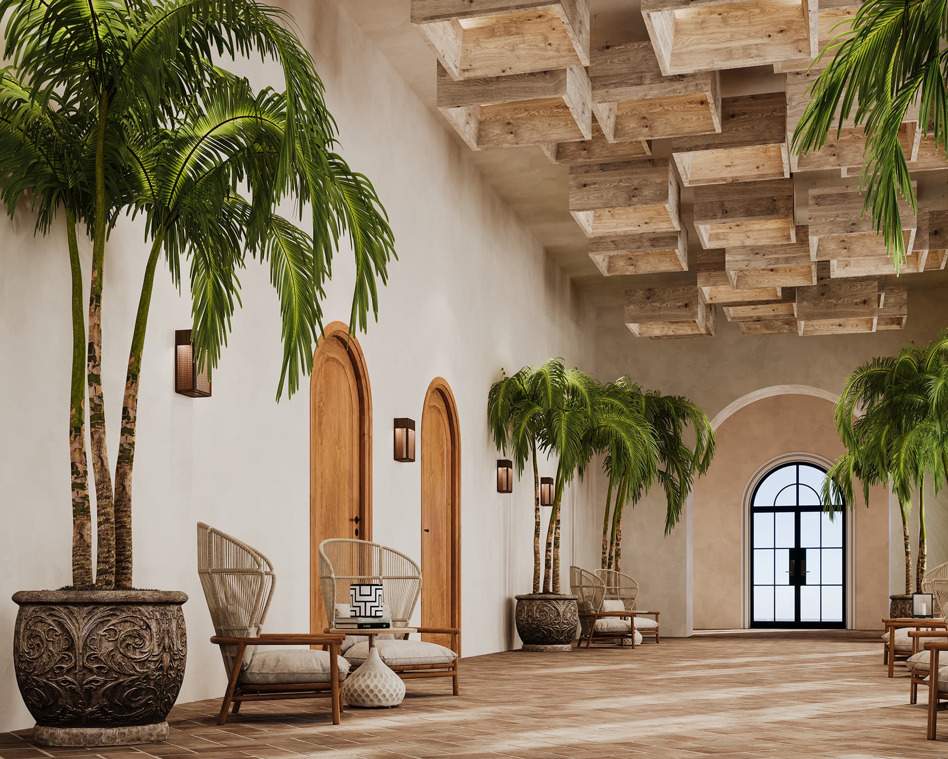 A stylish hallway with arched wooden doors, large potted palm trees, wicker chairs, and woodprint acoustic felt ceiling accents. Natural light filters through a large arched window at the end of the hall, creating a warm and inviting atmosphere.