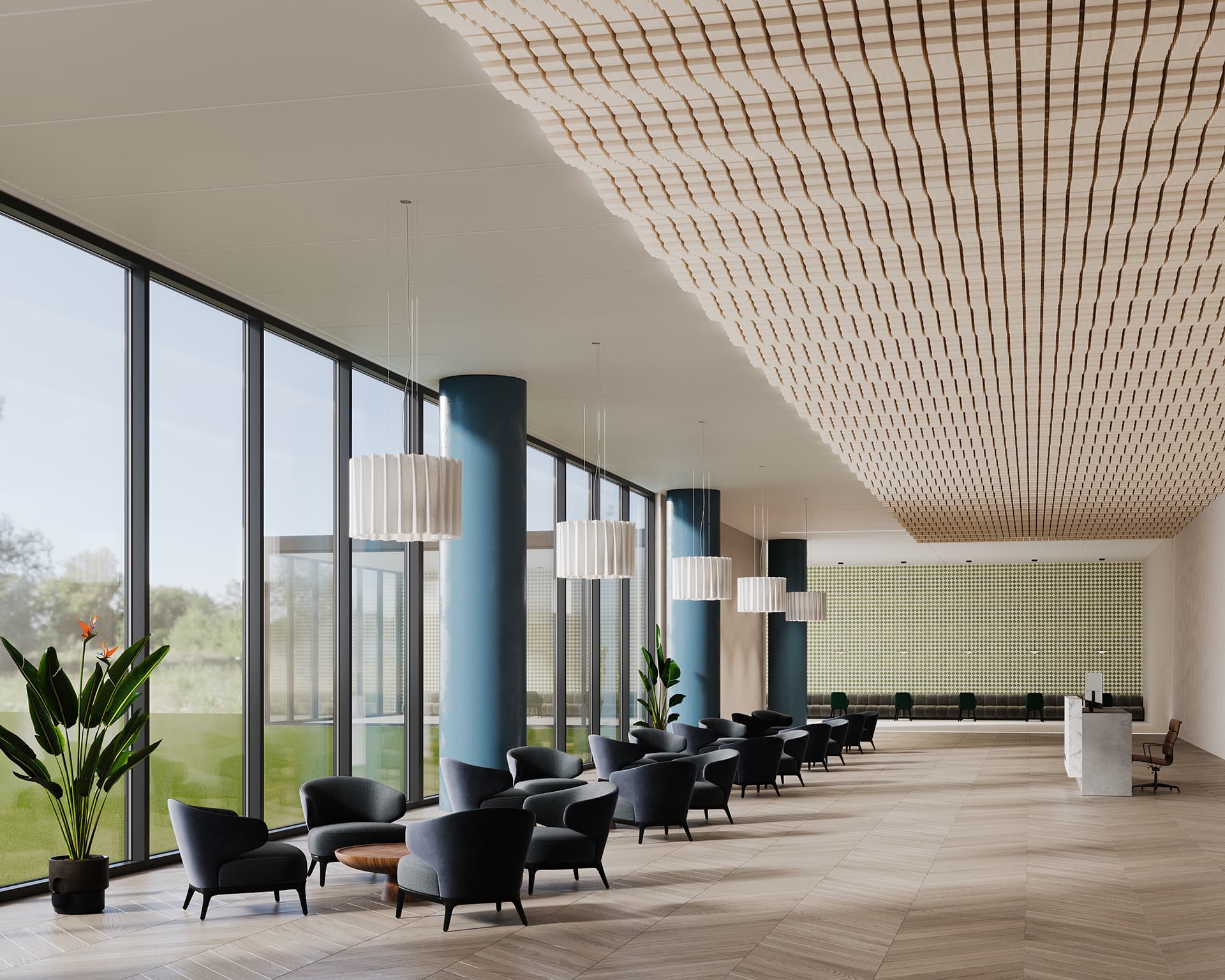 A spacious modern lobby area featuring large floor-to-ceiling windows, black armchairs with wooden coffee tables, tall potted plants, and unique acoustic felt ceiling design. A reception desk is visible in the background.