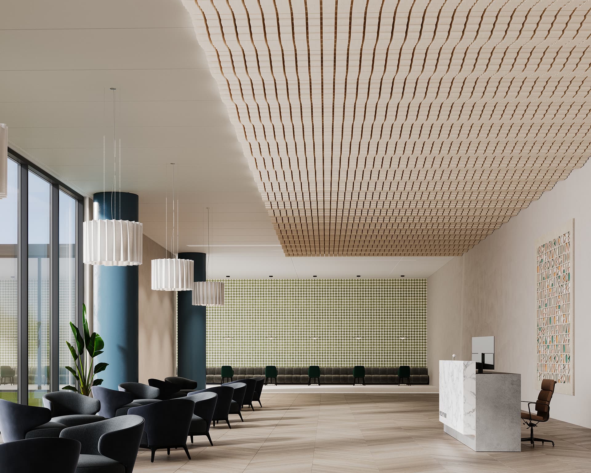 A modern lobby area featuring dark blue chairs arranged around low tables, large windows providing natural light, a patterned acoustic felt ceiling, a white marble reception desk to the right, and contemporary pendant lighting. A plant and wall art accent the space.