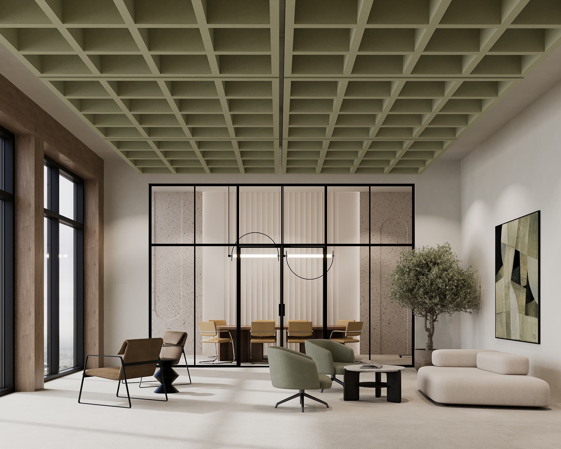 A modern office space with large windows, soft-toned furniture, and an acoustic felt grid-pattern ceiling. Features include armchairs, a sofa, a large plant, wall art, and a meeting room with a wooden table and chairs visible through glass partitions.