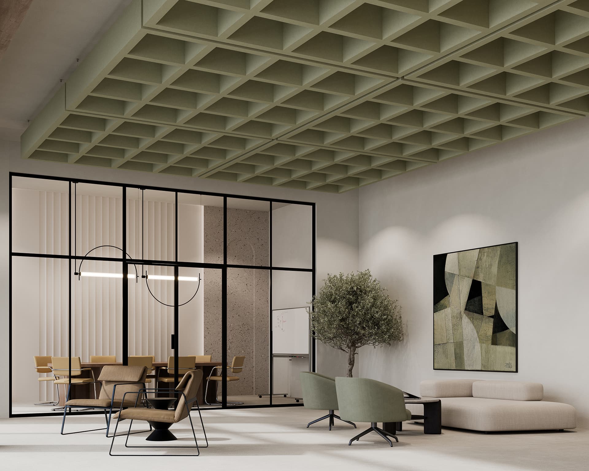 A modern office space with an acoustic felt grid-patterned ceiling, a glass-enclosed meeting room with a table and chairs, a potted tree, abstract wall art, and minimalist furniture in neutral tones.