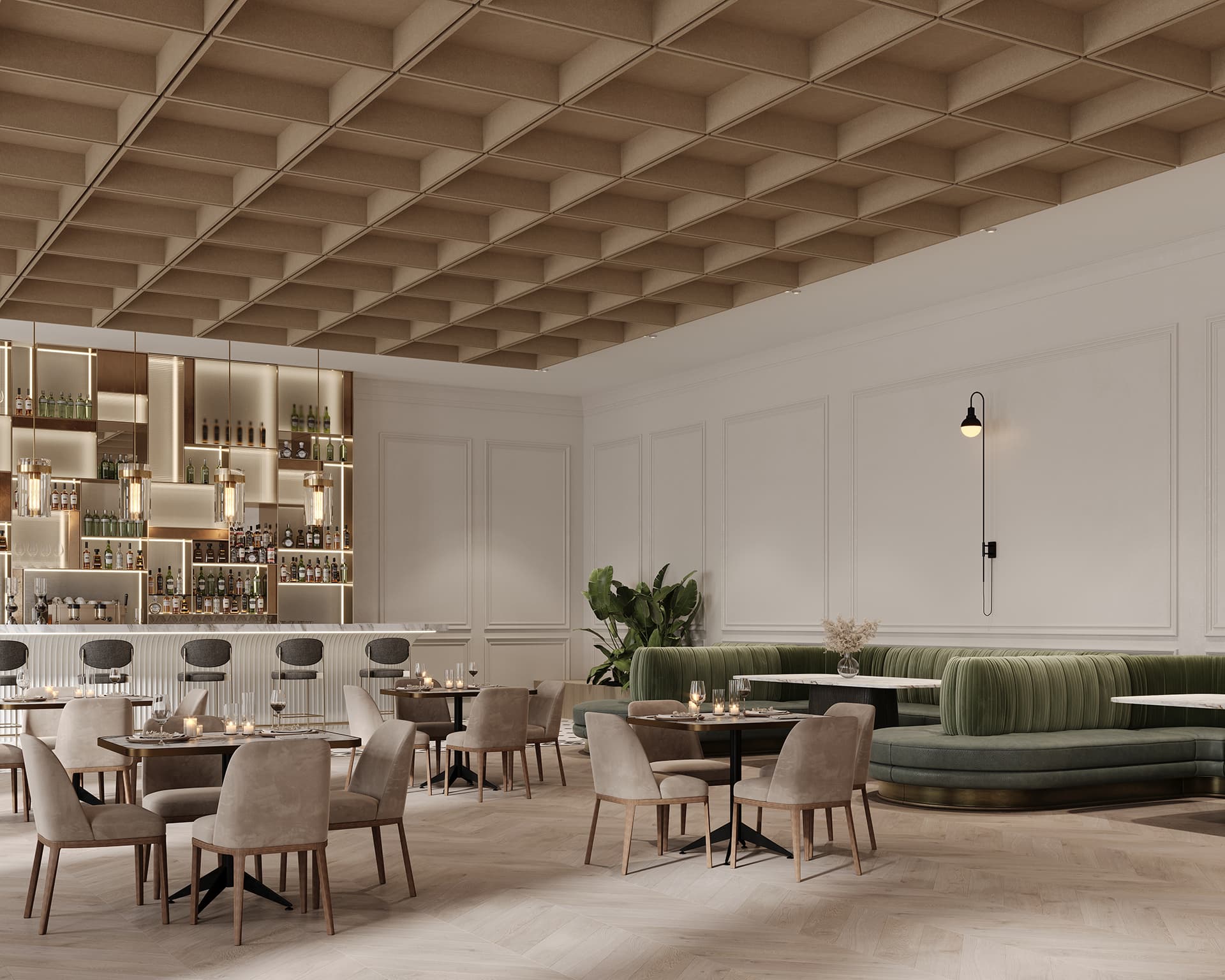 A modern, elegant restaurant interior with a bar on the left featuring bottles on shelves and bar stools. Several dining tables with beige chairs are arranged, and a green cushioned booth lines the right wall. The ceiling has a geometric acoustic felt design.