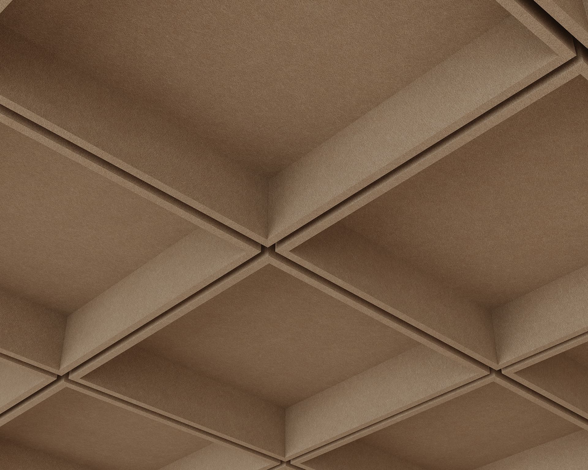 Close-up of a beige grid pattern resembling a waffle shape, with square recessed sections creating a 3D effect in acoustic felt. The material appears textured, creating depth and shadow.