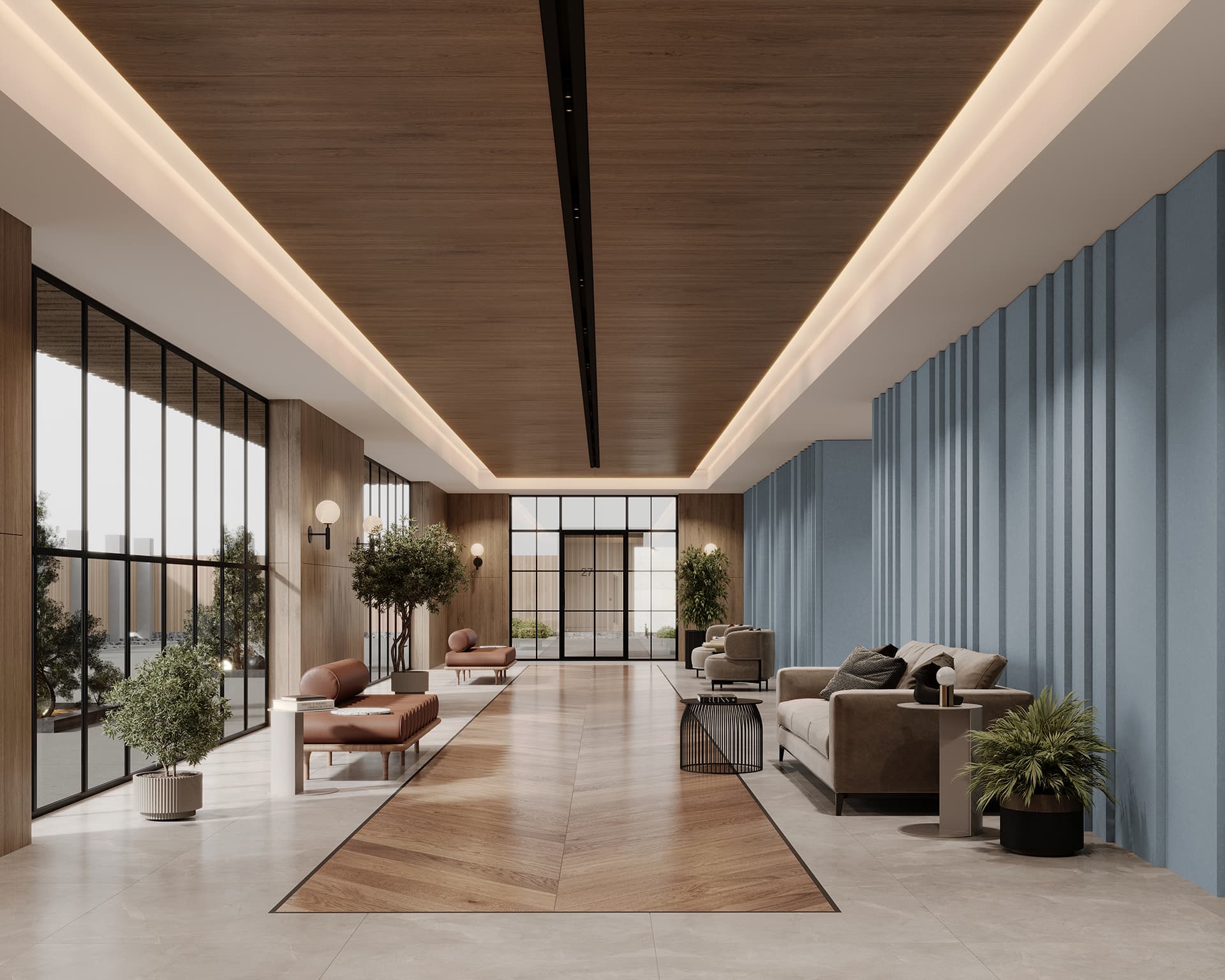 A modern lobby with wood and tile flooring, featuring large windows, beige and brown sofas, potted plants, and a wooden ceiling with recessed lighting. The space is bright and airy, showcasing a contemporary acoustic felt wall design.