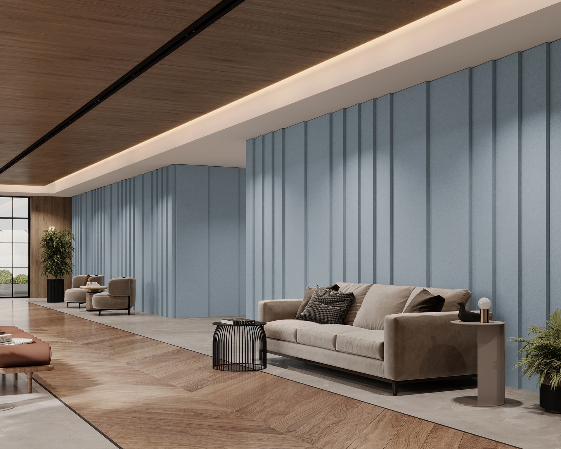 A modern interior features a spacious room with light blue acoustic felt textured walls, a beige sofa, and two armchairs. The wooden floor has a geometric pattern, and potted plants add greenery. Large windows let in natural light.