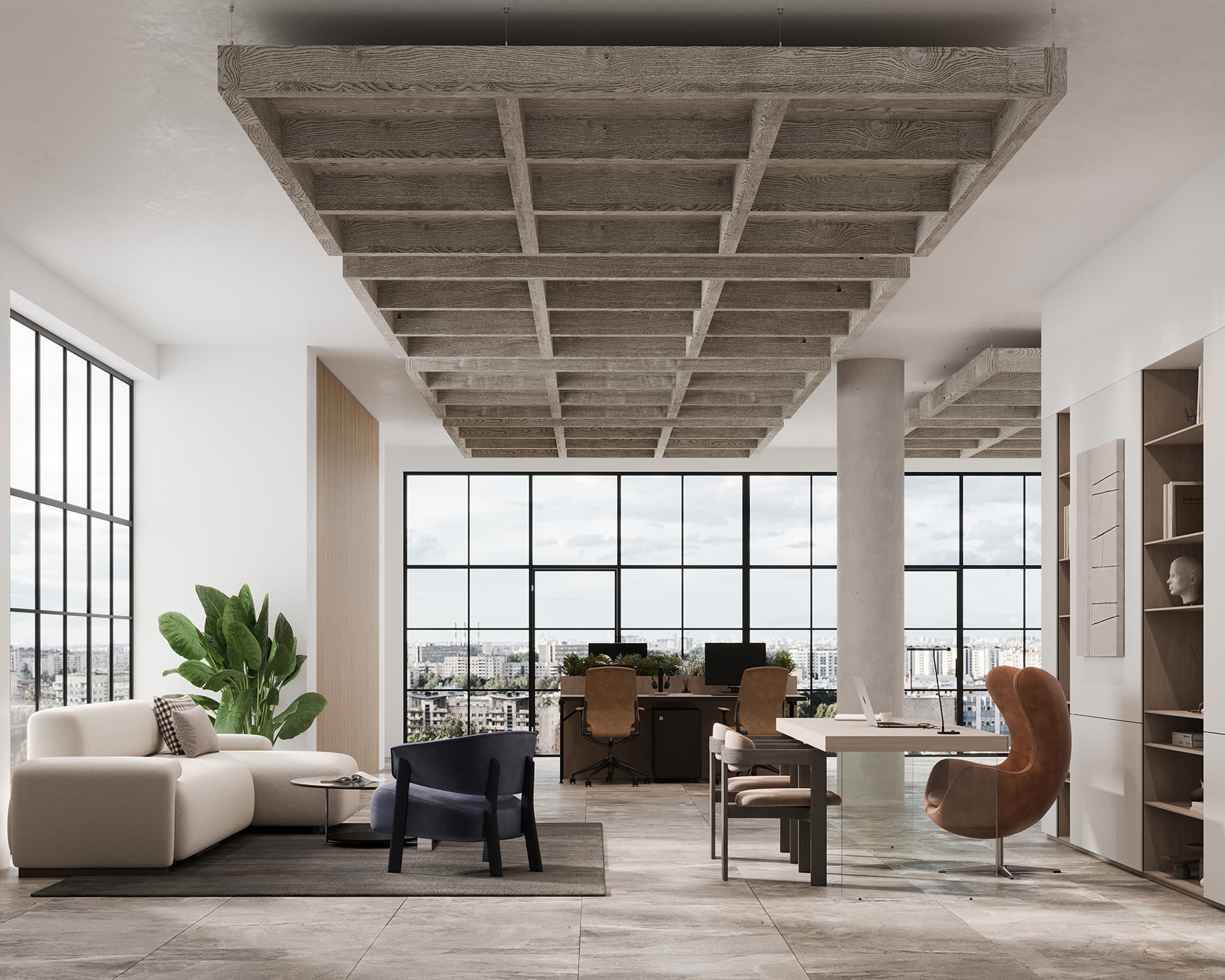 Modern office space with large windows, a white sofa, black chair, glass table with brown chairs, computers on desks, and decorative shelves. An acoustic felt ceiling design and potted plant add to the contemporary aesthetic. City skyline visible outside.