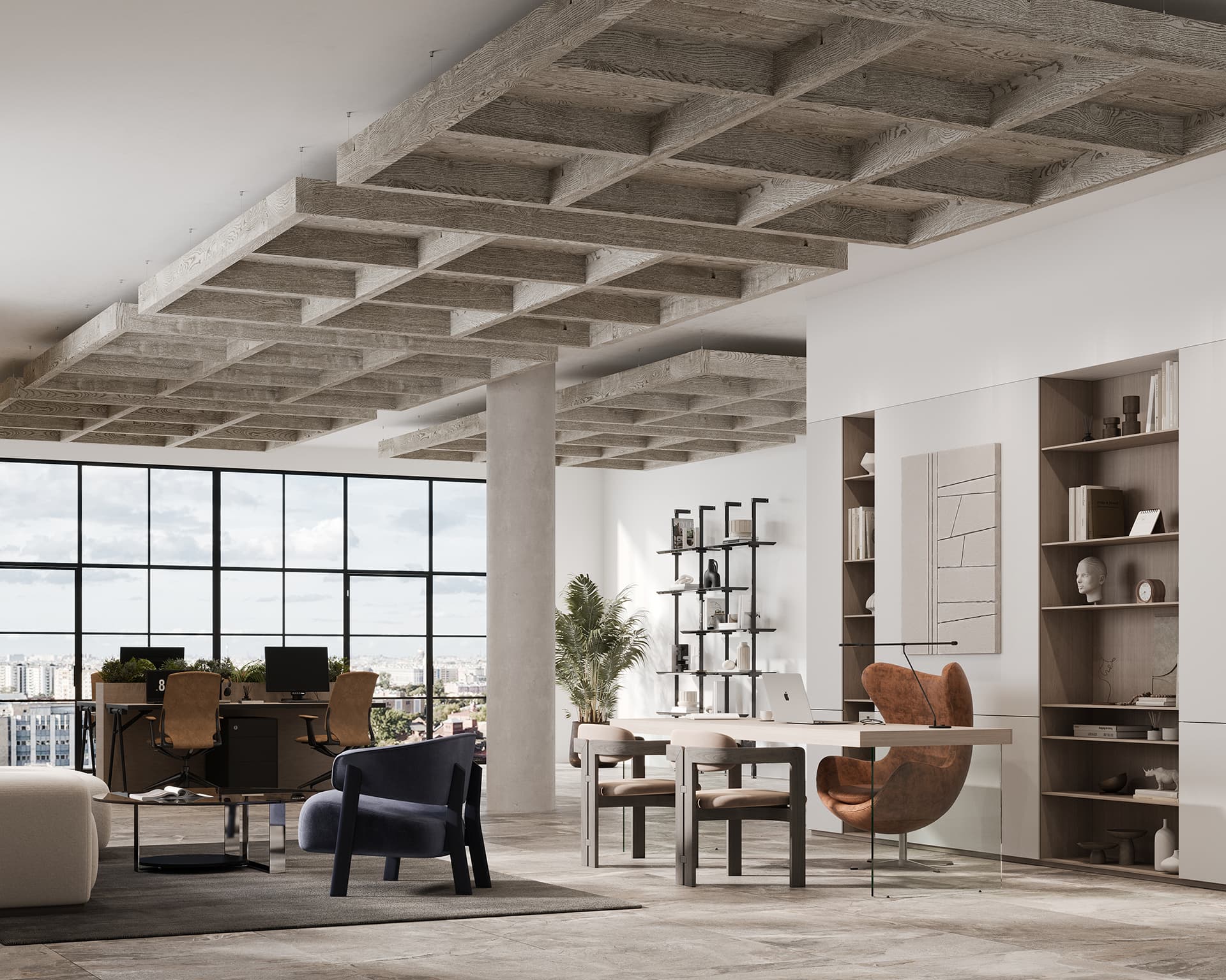 A modern office space with large windows, wooden furniture, and a city view. The room features desks with computers, shelves with books and decor, and brown and navy chairs. Exposed acoustic felt ceiling grids add to the contemporary design.