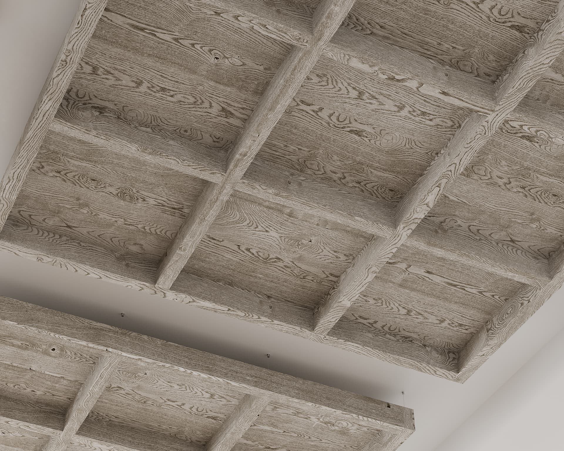 Acoustic felt ceiling with a natural, rustic texture, showcasing exposed beams in a crisscross pattern. The beams have a weathered appearance, giving an organic and sophisticated feel to the architecture.