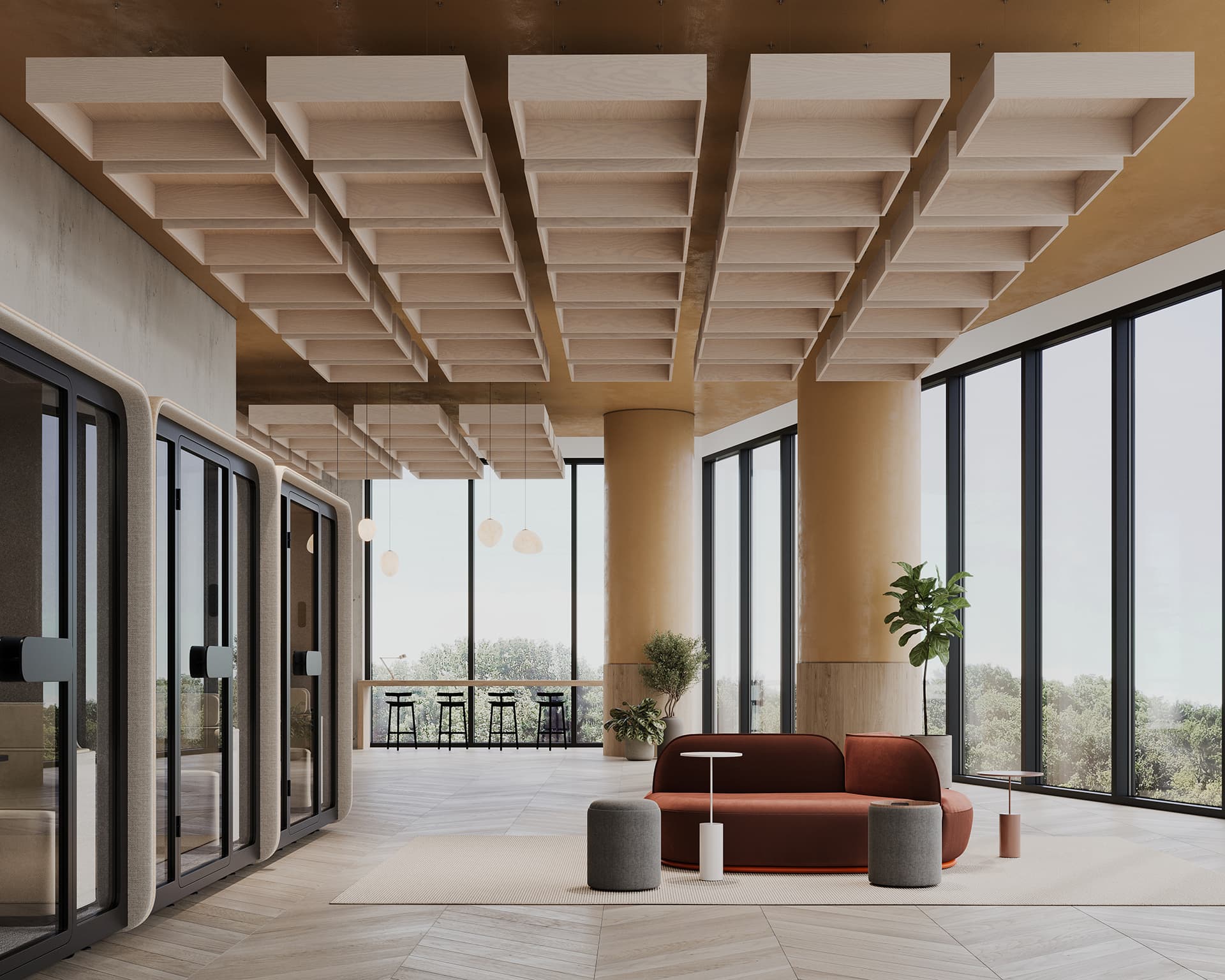 A modern office lounge area with large windows, beige walls, and a waffle woodgrain acoustic felt ceiling showcasing geometric patterns. It features a red sofa, round ottomans, a small table, potted plants, and hanging pendant lights in the far corner near a bar.