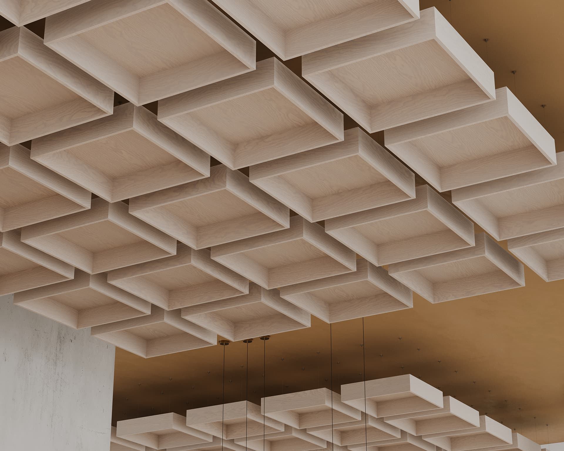 Wooden acoustic felt panels with a waffle woodgrain texture are arranged in a grid pattern on the ceiling. Set against a beige background, these panels are suspended by thin, dark wires, crafting a modern and geometric design with acoustic felt.