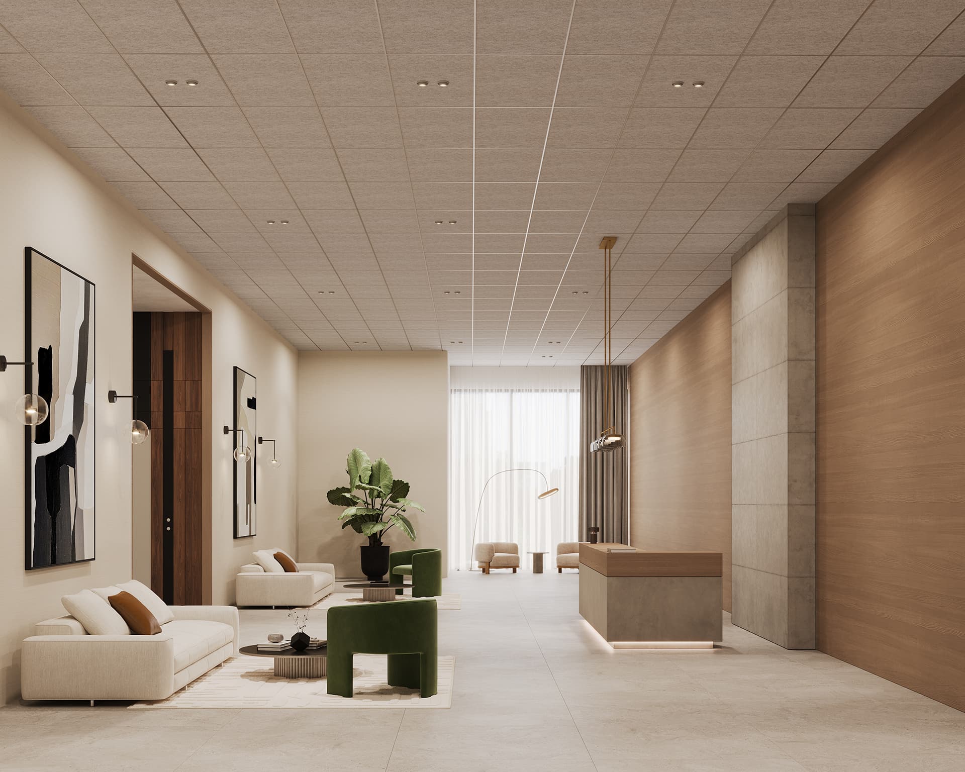 Modern lobby with minimalist design, featuring white sofas, green chairs, and abstract wall art. A wooden reception desk complements the tall plants and an acoustic felt ceiling panel that enhances the serene, light-filled atmosphere.