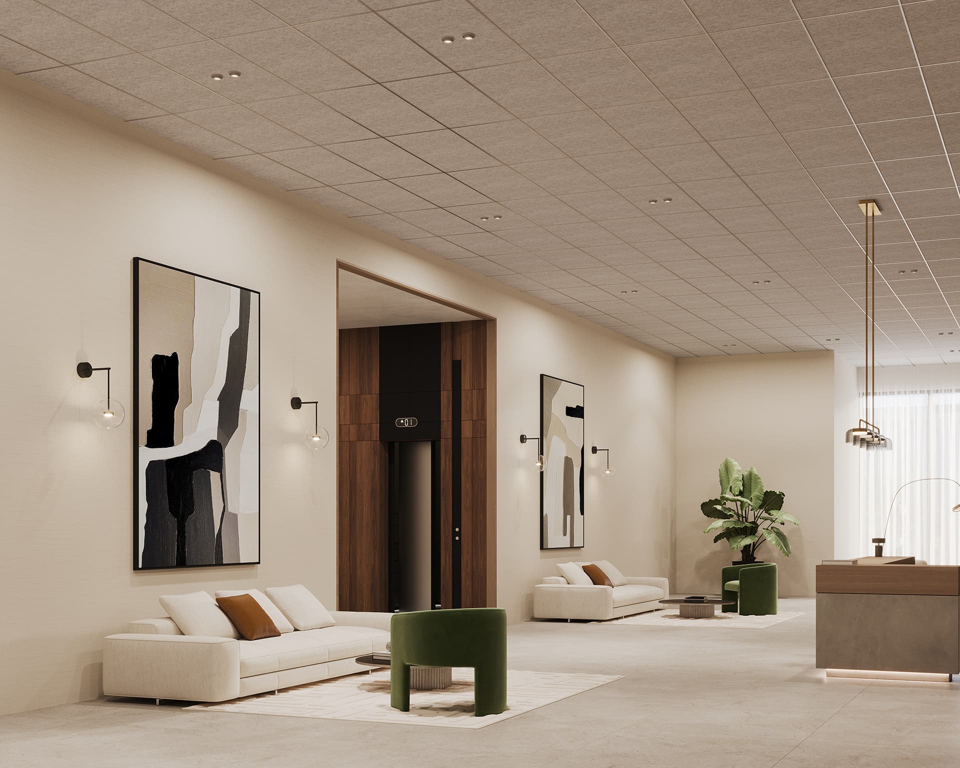 A modern lobby with minimalist design features two white sofas, abstract wall art, and green ottomans. A brown reception desk is on the right, beneath an acoustic felt ceiling paneled ceiling. Large plants and subtle lighting enhance the neutral tones, creating a space filled with staple essentials.