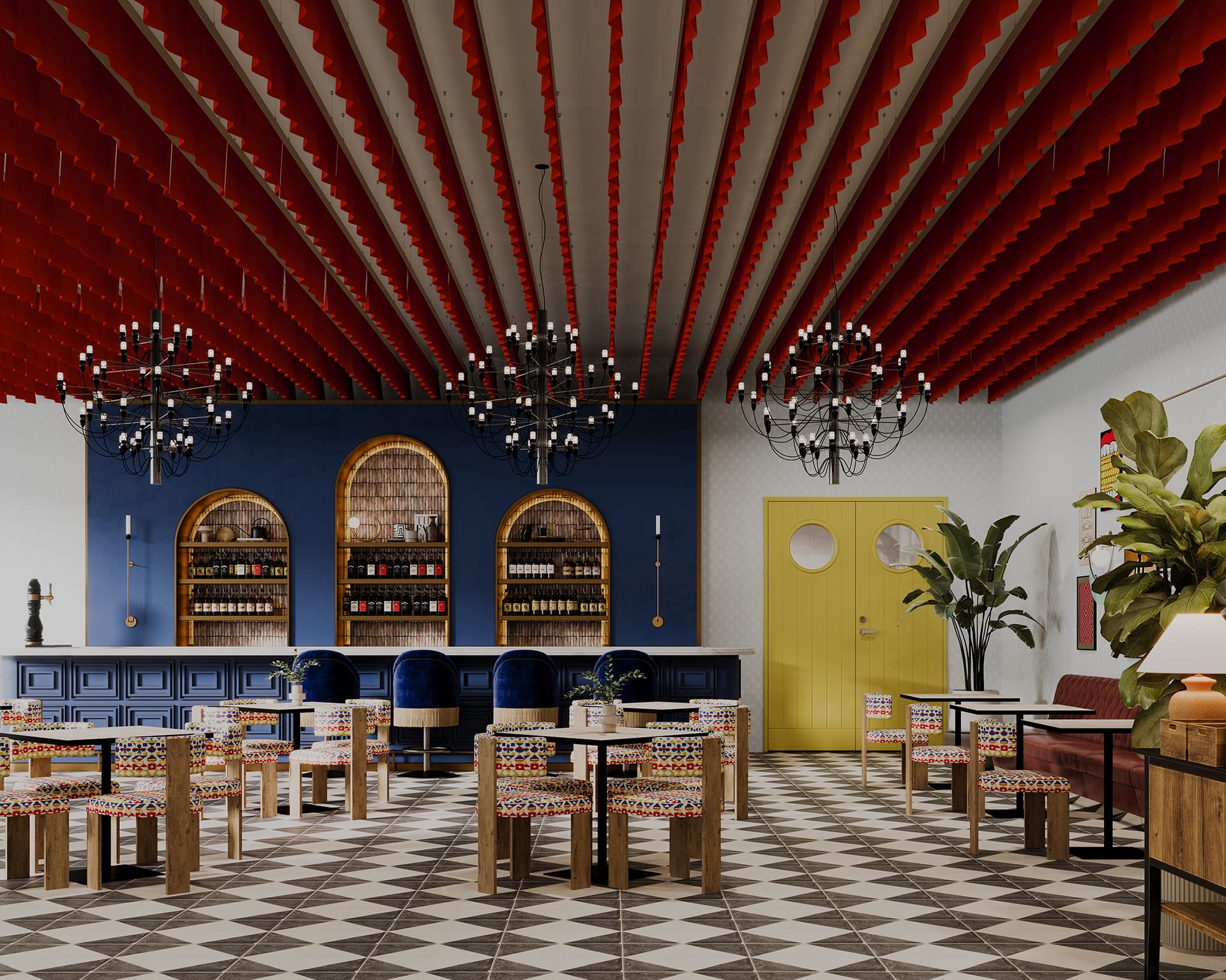 A stylish restaurant with a checkered floor, yellow door, and blue accent wall featuring arches with bottles. Red acoustic felt ceiling baffles and black chandeliers add contrast. Colorful patterned chairs surround wooden tables as large plants bring a touch of nature inside.