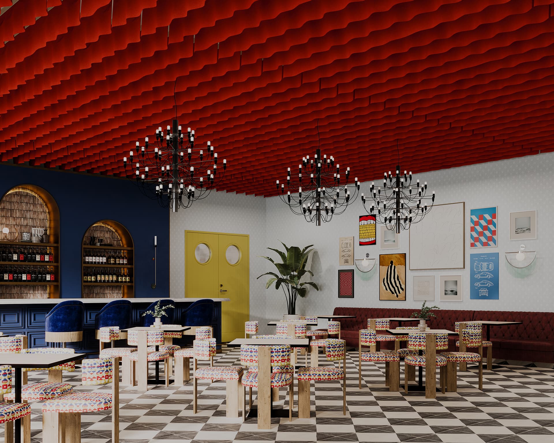 The trendy restaurant interior boasts a ceiling adorned with red acoustic felt baffles, complemented by black chandeliers. A small bar on the left offers patterned stools, wooden tables, and geometric floor tiles. Artworks grace the walls, and a yellow door stands at the back.
