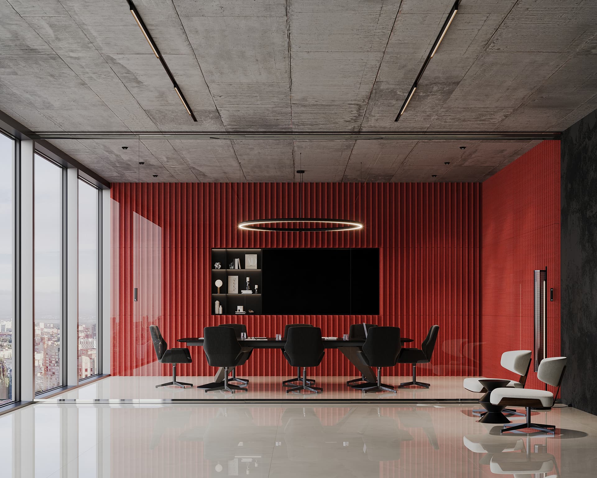 The modern conference room features a long table with swivel chairs, while a large screen is centered on a red acoustic felt textured wall. A ring-shaped ceiling light and floor-to-ceiling windows on the left offer views of the cityscape, embracing minimalist decor.