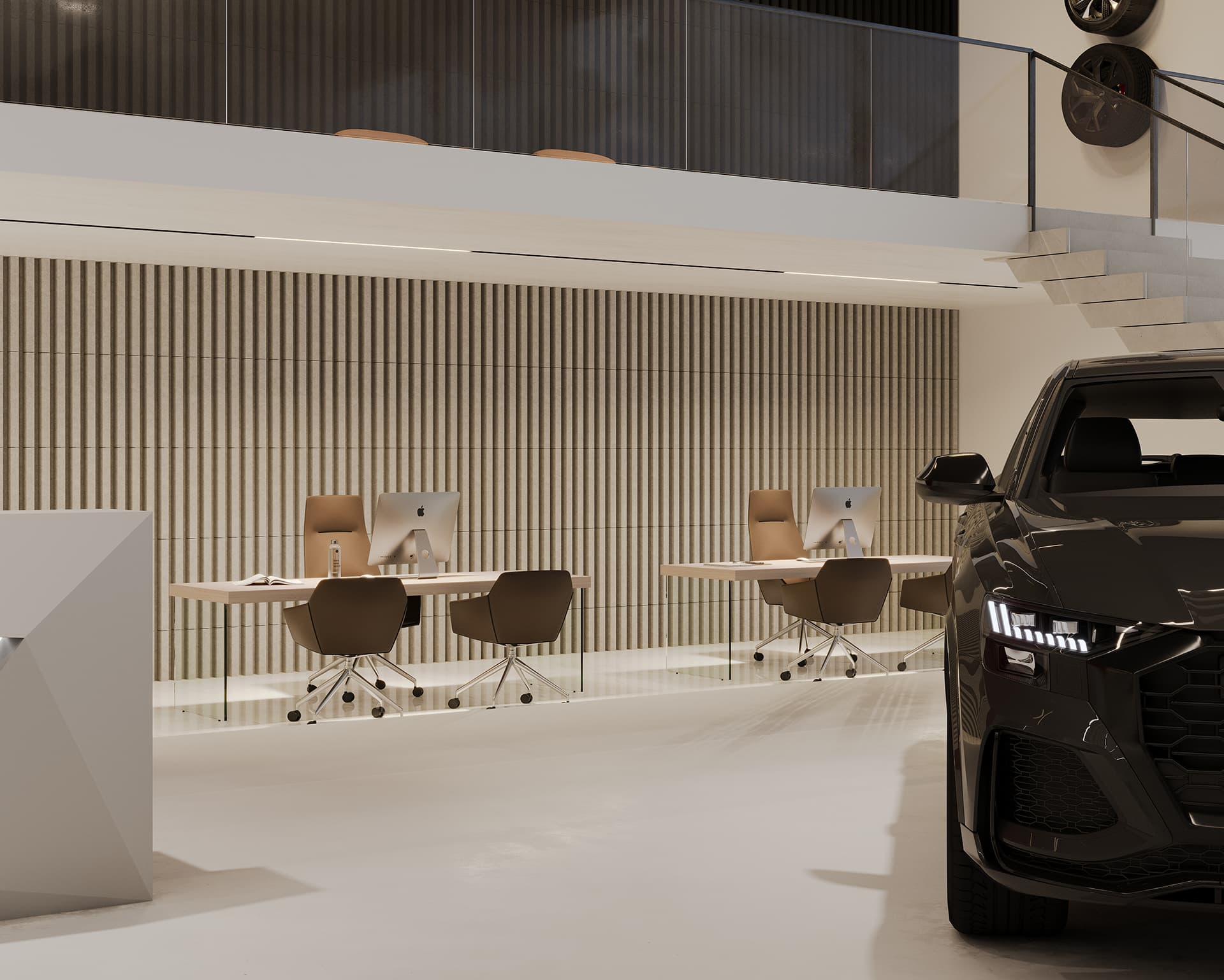A modern office space with two desks, each equipped with a computer and chair. The background features vertical acoustic felt wall panels. A sleek black car is partially visible in the foreground. The setting is well-lit and minimalistic.