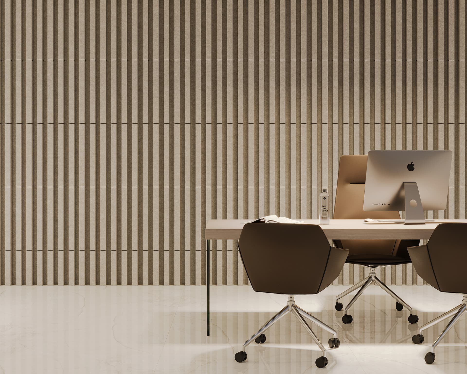 A modern office space with two brown chairs at a light wooden desk, featuring a desktop computer and a notebook. The textured acoustic felt background wall is enhanced with vertical lines, while the white, glossy floor completes the contemporary vibe.