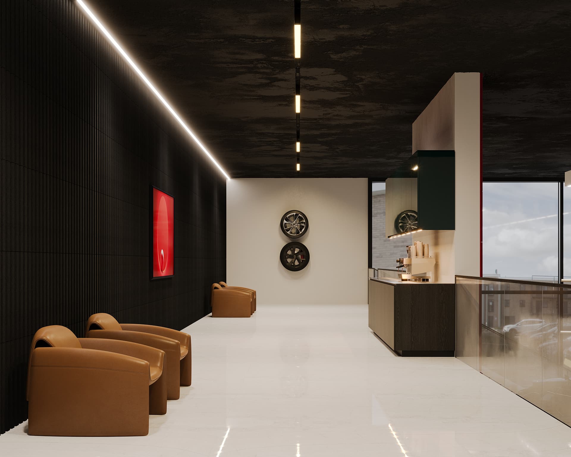 A modern, minimalist room with black walls and a sleek white floor. Brown, curved chairs line one side, while acoustic felt wall panels enhance the ambiance. A vivid red abstract painting hangs nearby. The space features circular wall decorations and a small, stylish coffee counter.