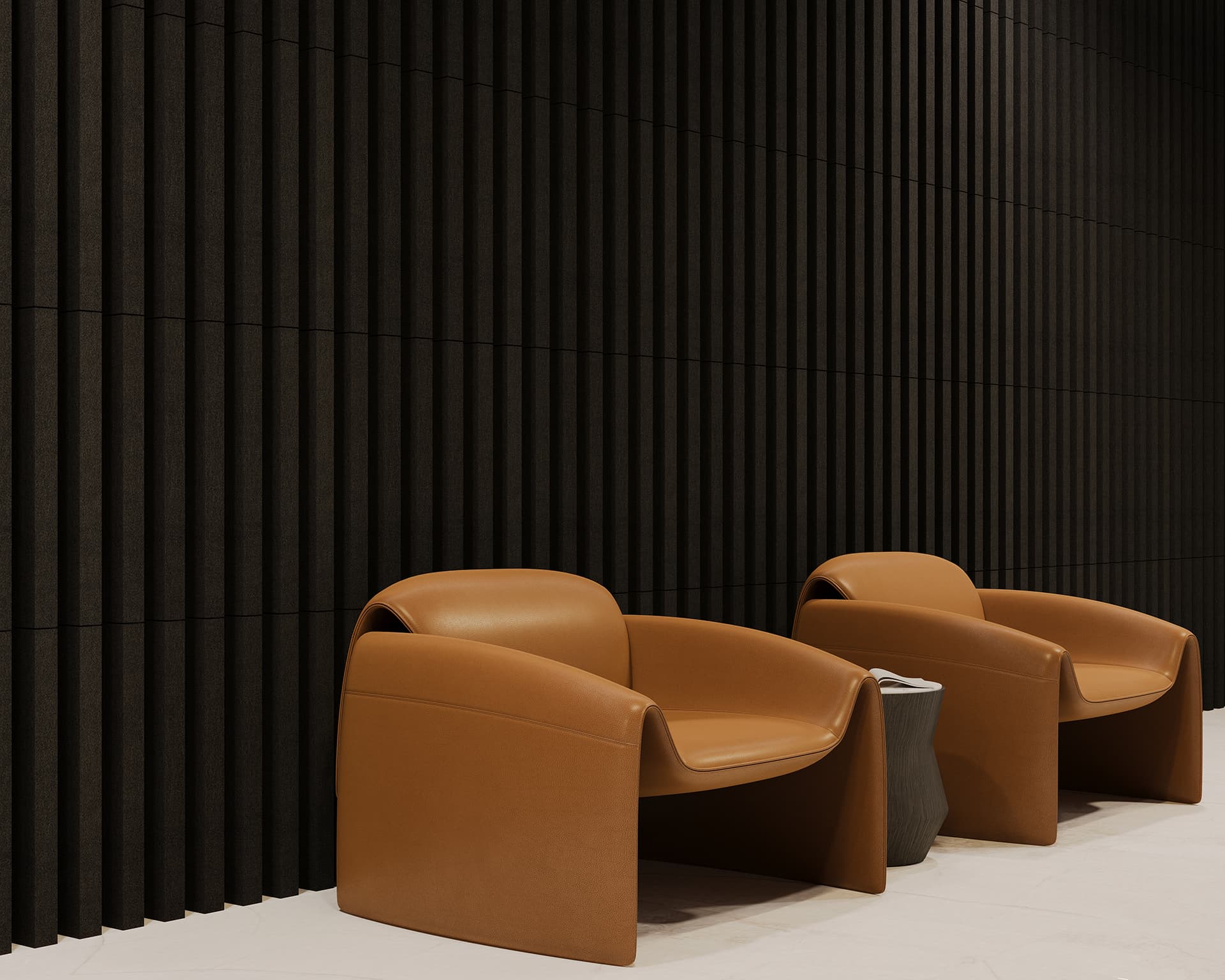 Two modern brown chairs with curved designs are positioned next to a small round table, set against a dark acoustic felt wall panel with vertical lines. The floor is light-colored, contrasting with the wall and furniture.