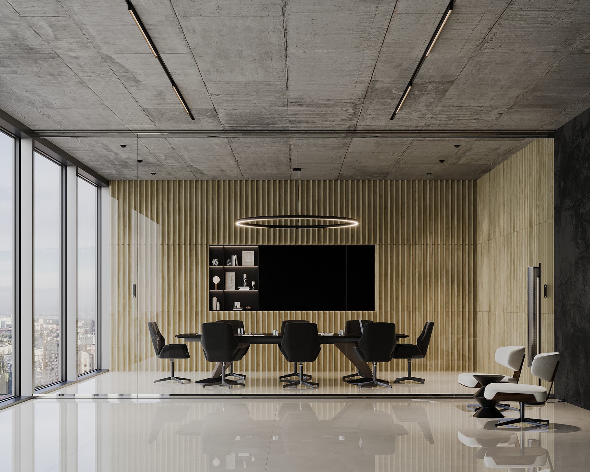 A modern and spacious conference room featuring a woodgrain acoustic felt accent wall. The room's large table, several chairs, and circular light fixture contribute to its appeal. Large windows provide a stunning city view, all complementing the minimalist decor with a neutral color palette.