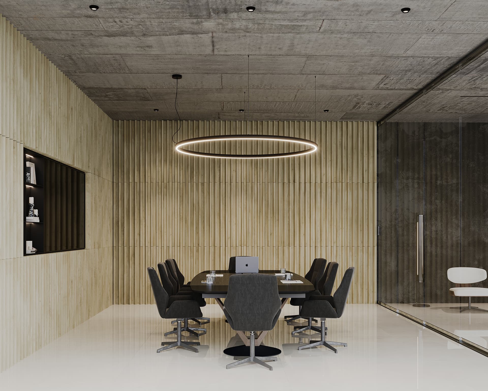 Modern conference room with a sleek wooden table surrounded by black chairs. A circular ceiling light hangs above, and a wall shelf displays decor. The room features an acoustic felt wall panel with woodgrain texture and a polished white floor, creating a sophisticated ambiance.