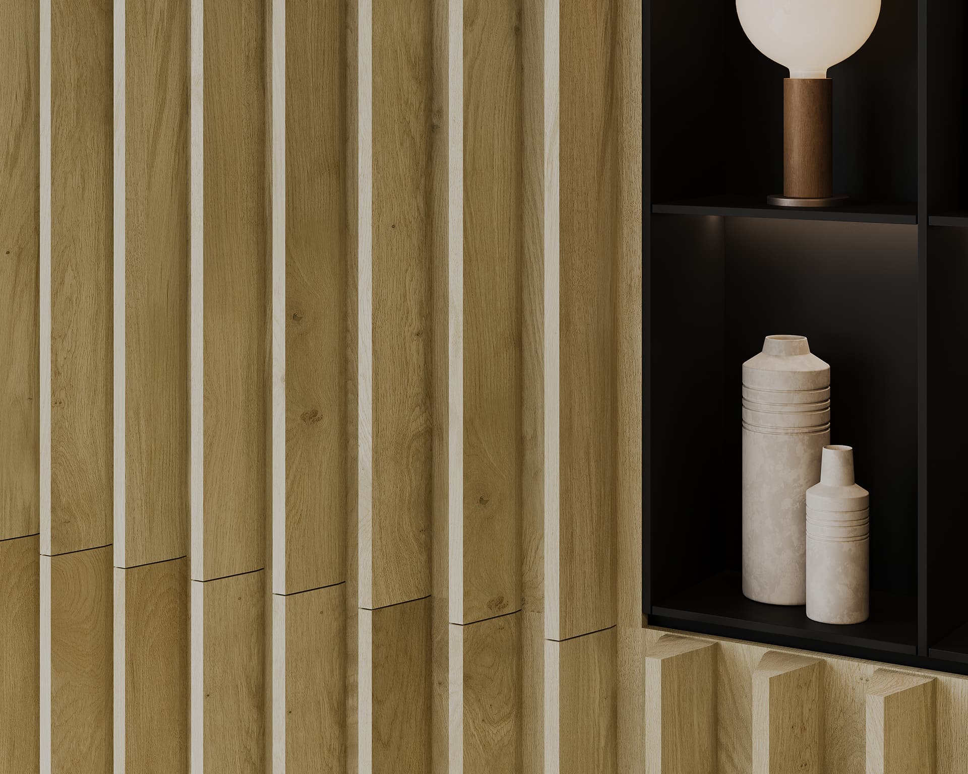 Textured woodgrain acoustic felt wall panels with a built-in black shelf. The shelf holds a spherical lamp with a cylindrical brown base and two pottery vases, creating a minimalist and modern design aesthetic, softened by the subtle use of acoustic felt.