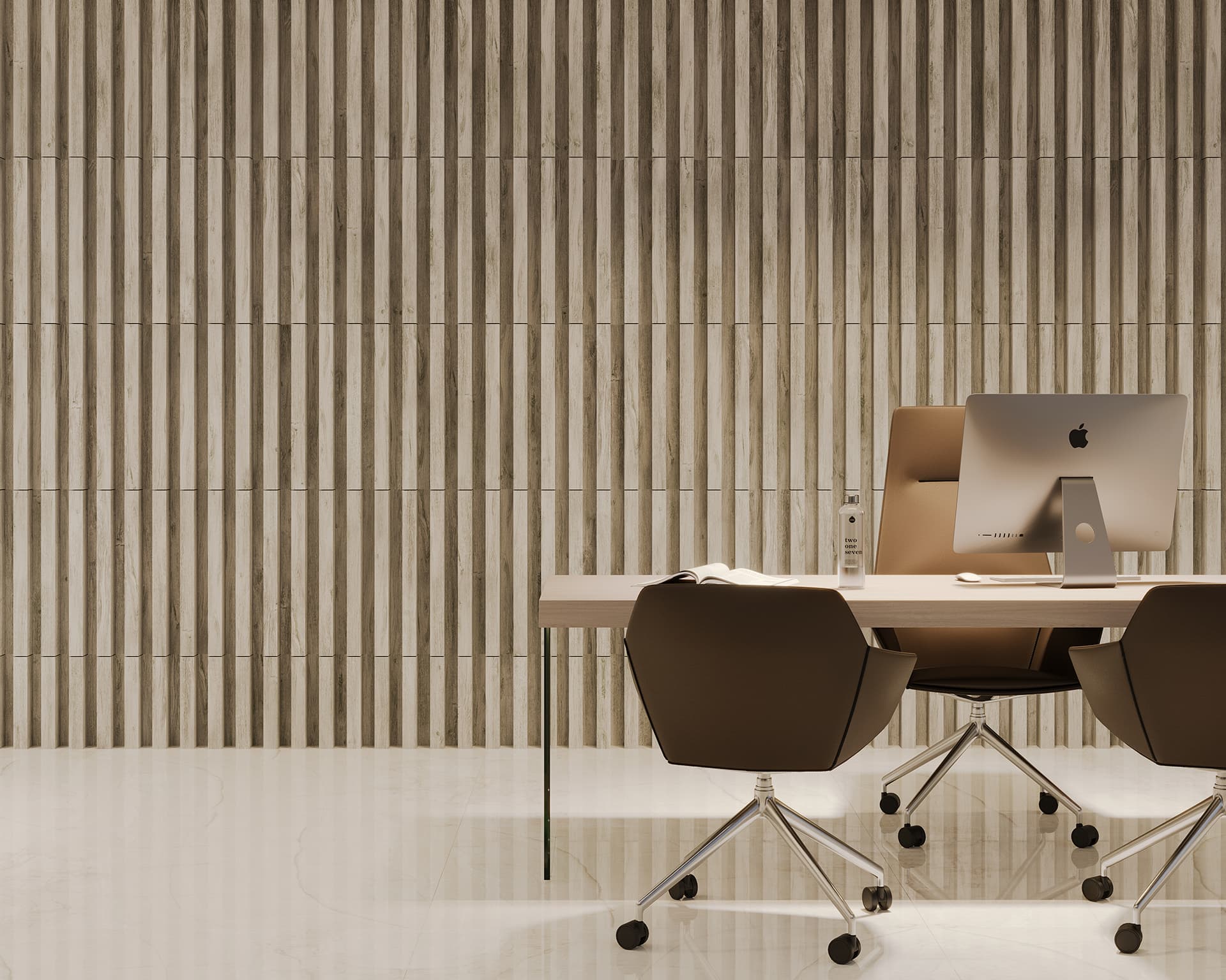 Modern office space with a wooden desk, computer, and two brown swivel chairs on a shiny, white floor. The background features an acoustic felt wall panel with woodgrain detailing, creating a stylish and minimalist ambiance.
