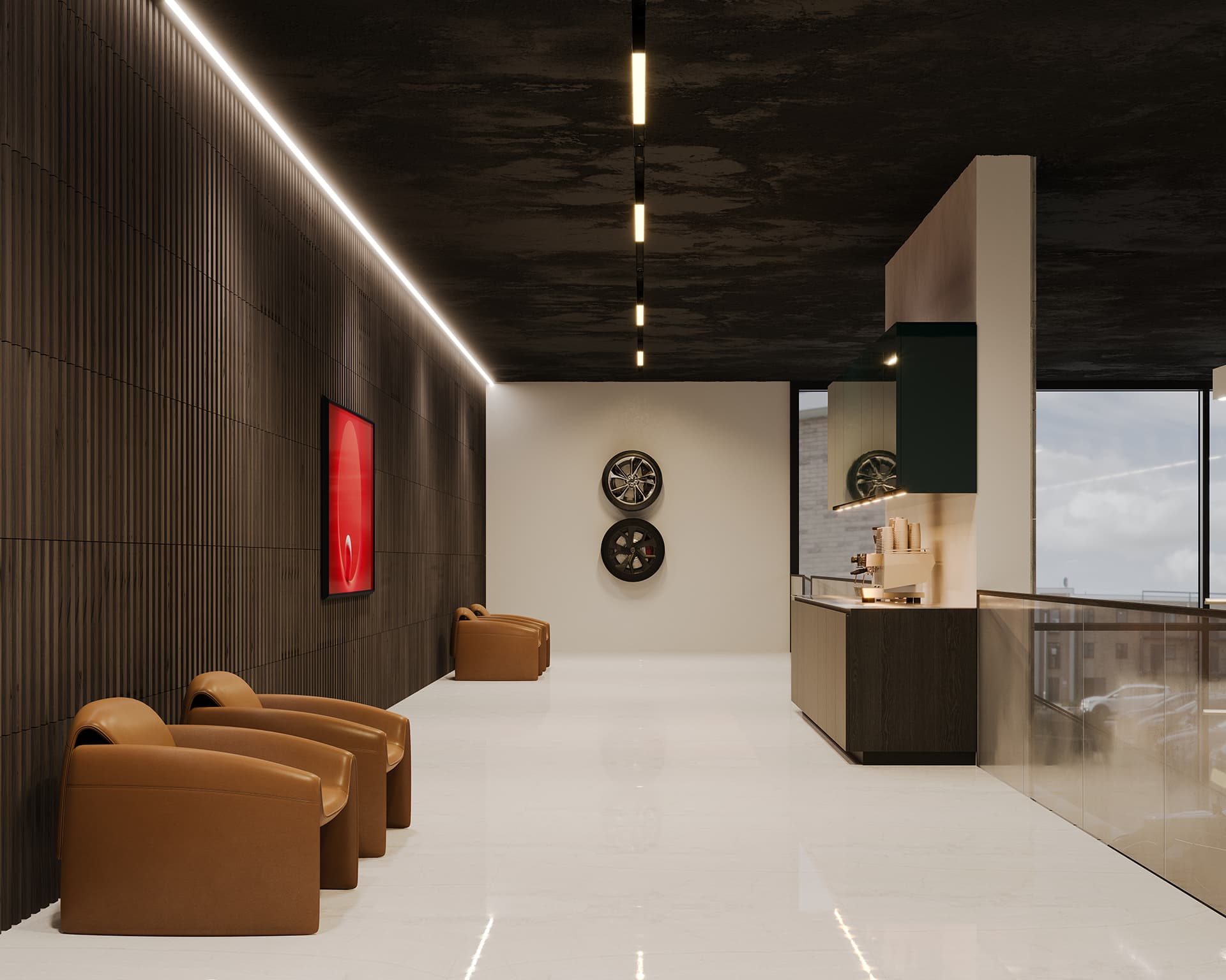 A modern lobby showcases minimalist design with brown leather chairs. Art pieces adorn the walls near an acoustic felt wall, and a reception desk is visible. The space is well-lit, enhanced by ceiling lights, and a large window reveals a cityscape view.