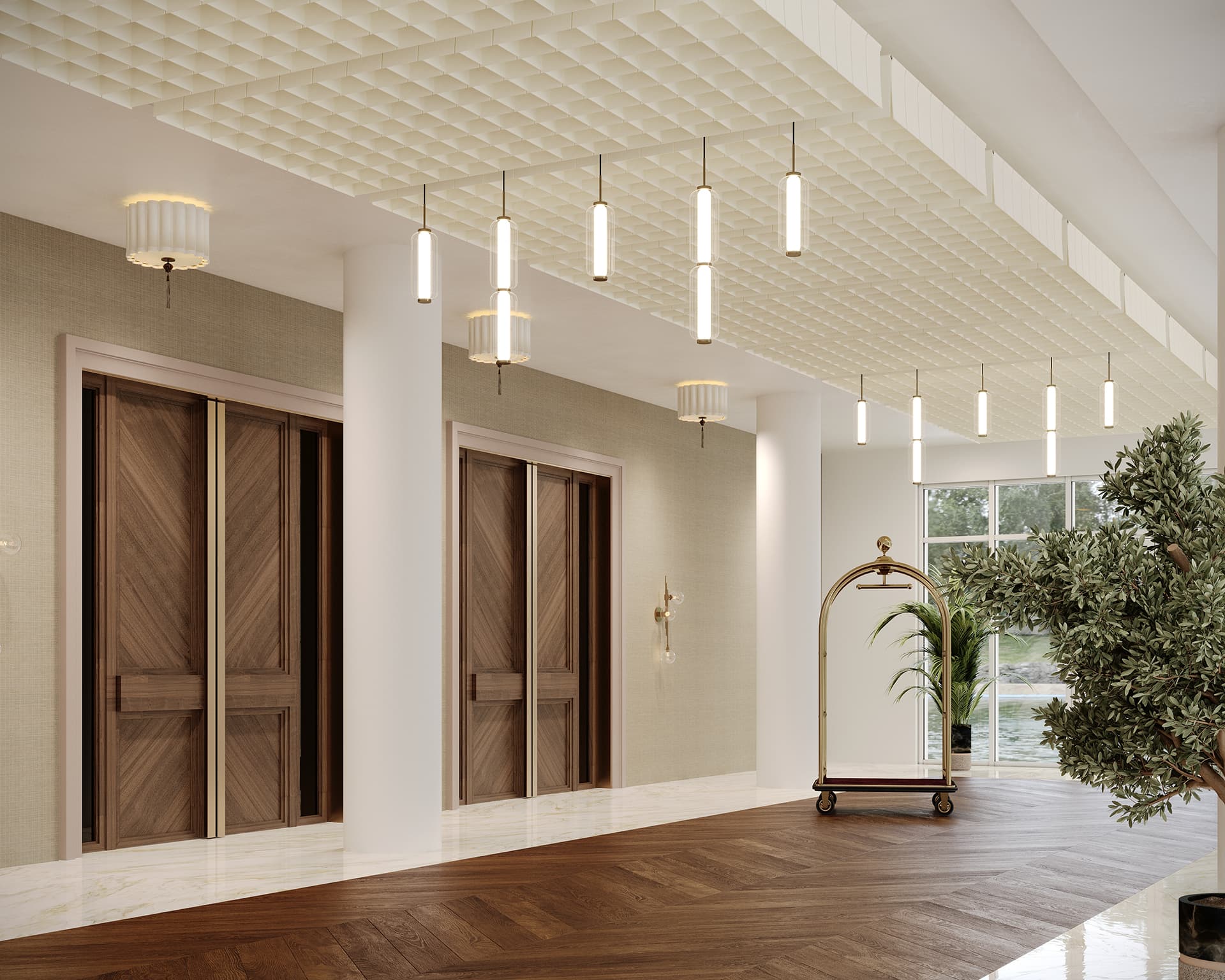 A chic hotel lobby features two wooden elevators with herringbone-patterned doors. Modern cylindrical lights float beneath an acoustic felt ceiling. A potted tree and luggage cart stand on the polished floor beside large windows, creating a natural sanctuary amid urban sophistication.