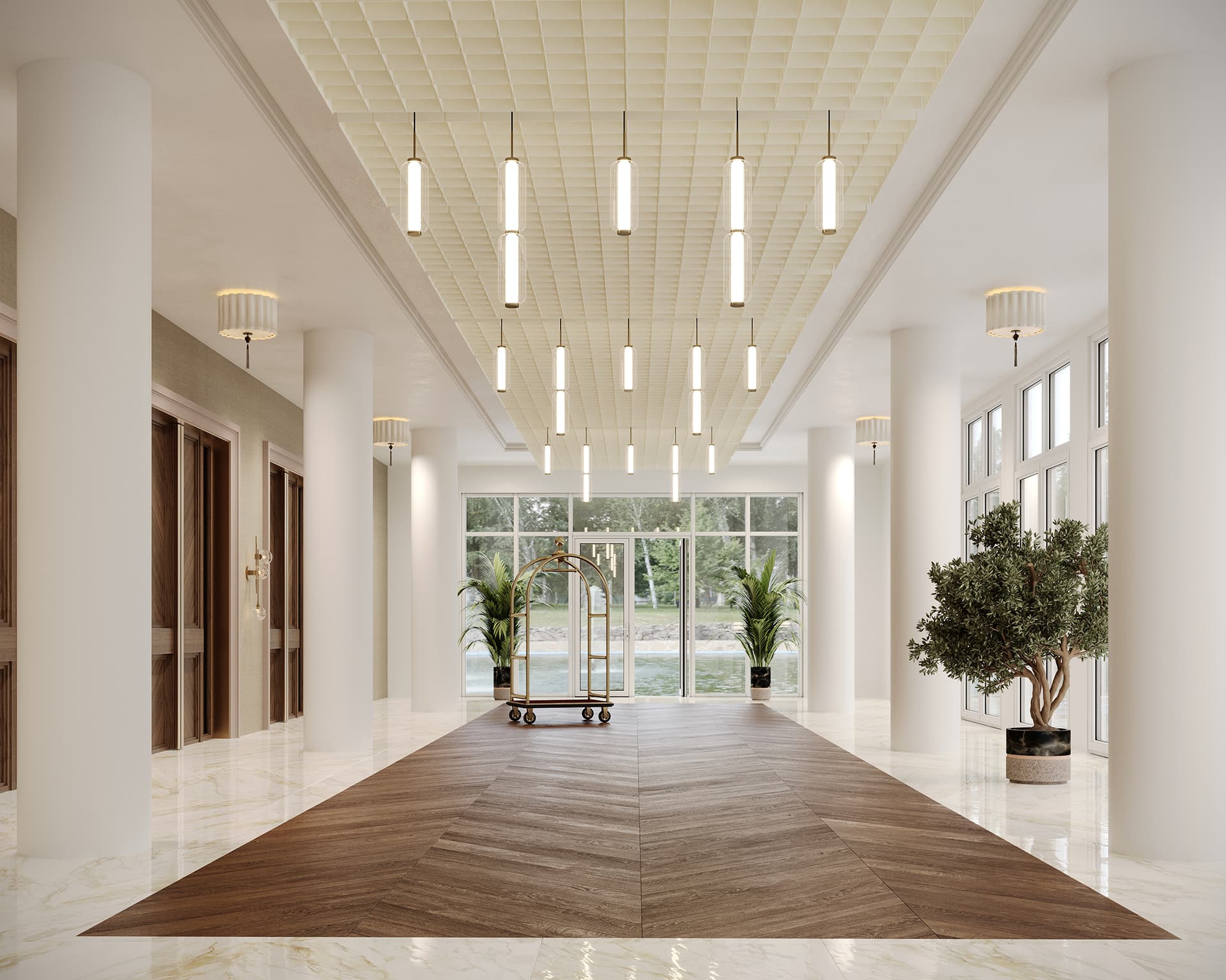 The hotel lobby boasts a modern design, highlighted by a polished marble floor and wooden path. A luggage cart sits centered beneath acoustic felt ceiling clouds. Large windows bathe the space in natural light, while decorative plants and hanging lights enhance its elegance.