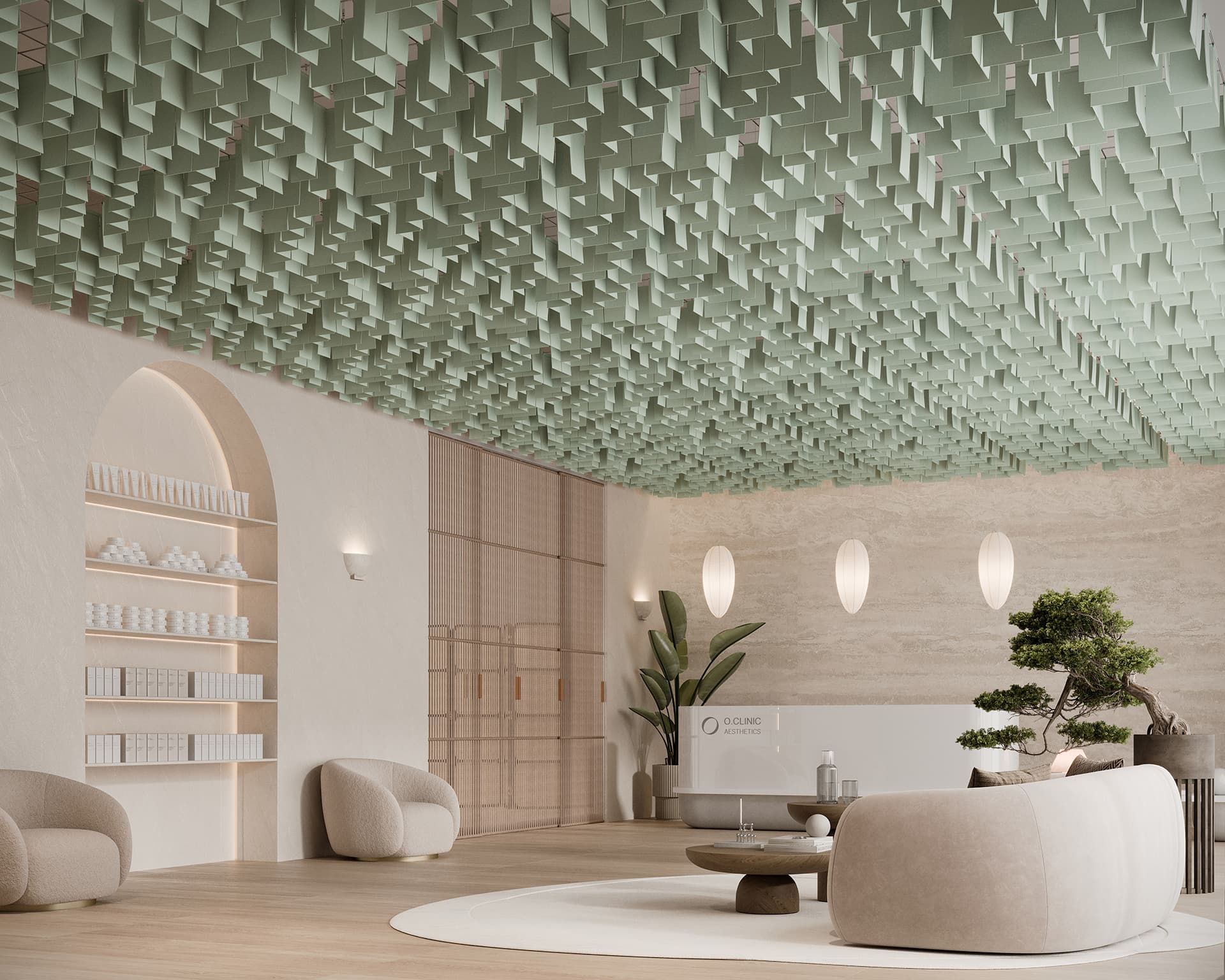 A modern interior boasts a ceiling adorned with green geometric acoustic felt panels, reminiscent of acoustic felt clouds. The room features beige chairs, a round table, a bonsai tree, and pendant lights. On the left, shelves with products and a large arched bookshelf complement the neutral tones throughout.