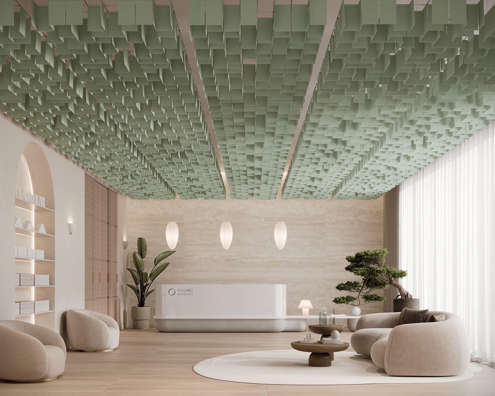 The modern interior features light green ceiling panels designed from acoustic felt, with beige walls and large windows. A minimalist reception desk sits among round chairs, a low table, potted plants, and decorative shelves. Soft lighting highlights the serene atmosphere with floating ceiling clouds.