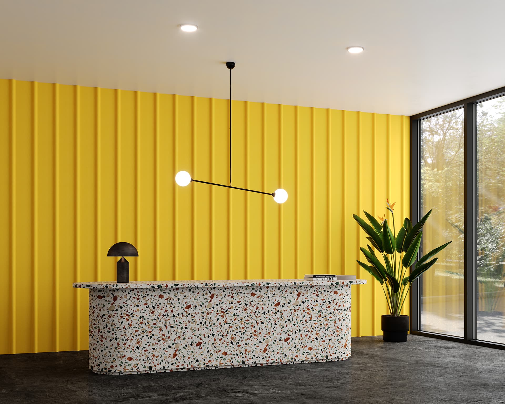 A modern lobby features a terrazzo reception desk with a black lamp. A pendant light hangs above. The yellow acoustic felt paneled wall contrasts with the gray floor, enhanced by acoustic felt tiles. A large potted plant sits by a window, revealing a sunny outdoor view.