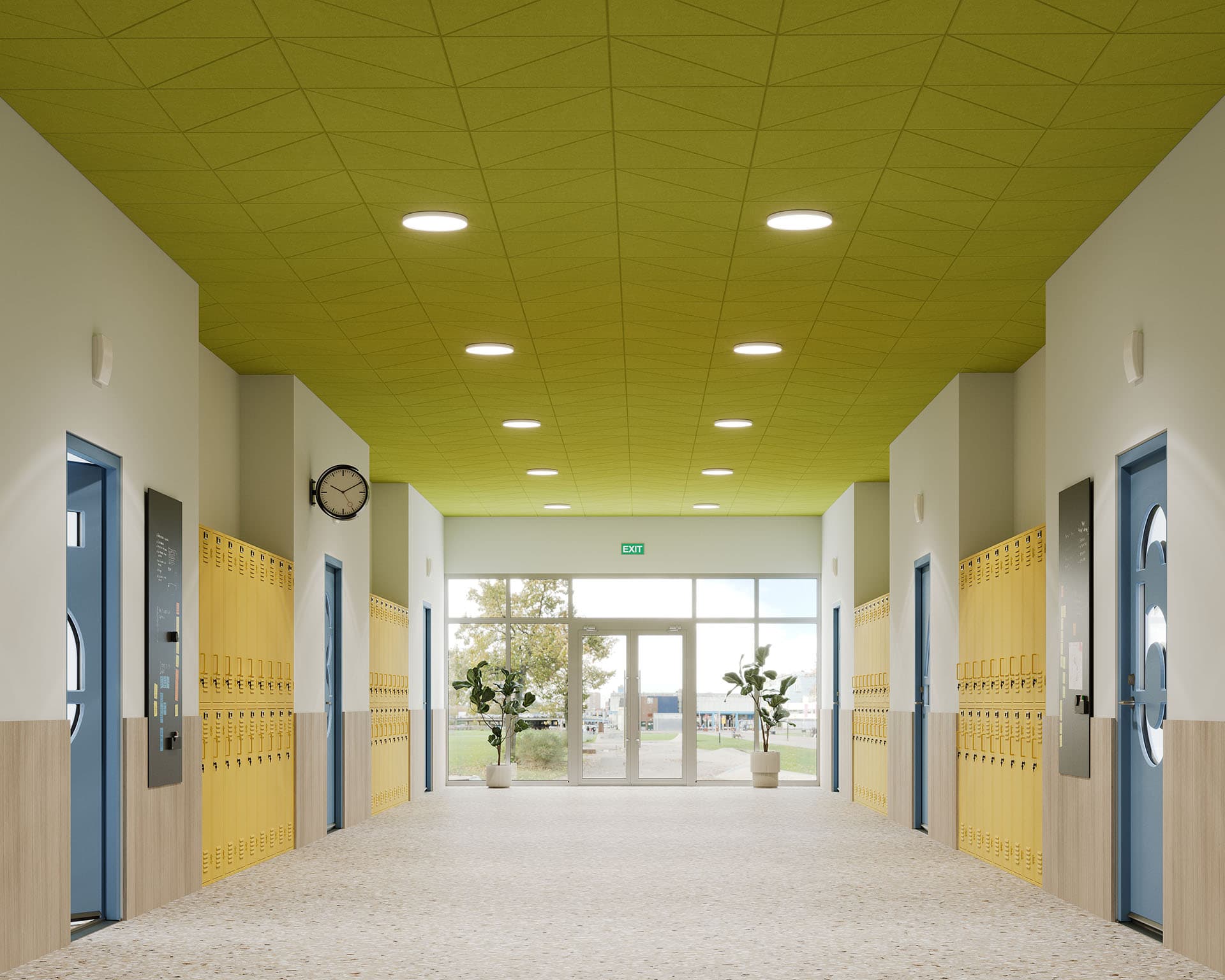 A brightly lit school hallway features acoustic felt ceiling panels in a patterned green, rows of yellow lockers on both sides, and blue doors. A clock hangs on the wall. Two potted plants are near the entrance, revealing a glimpse of the outdoors.