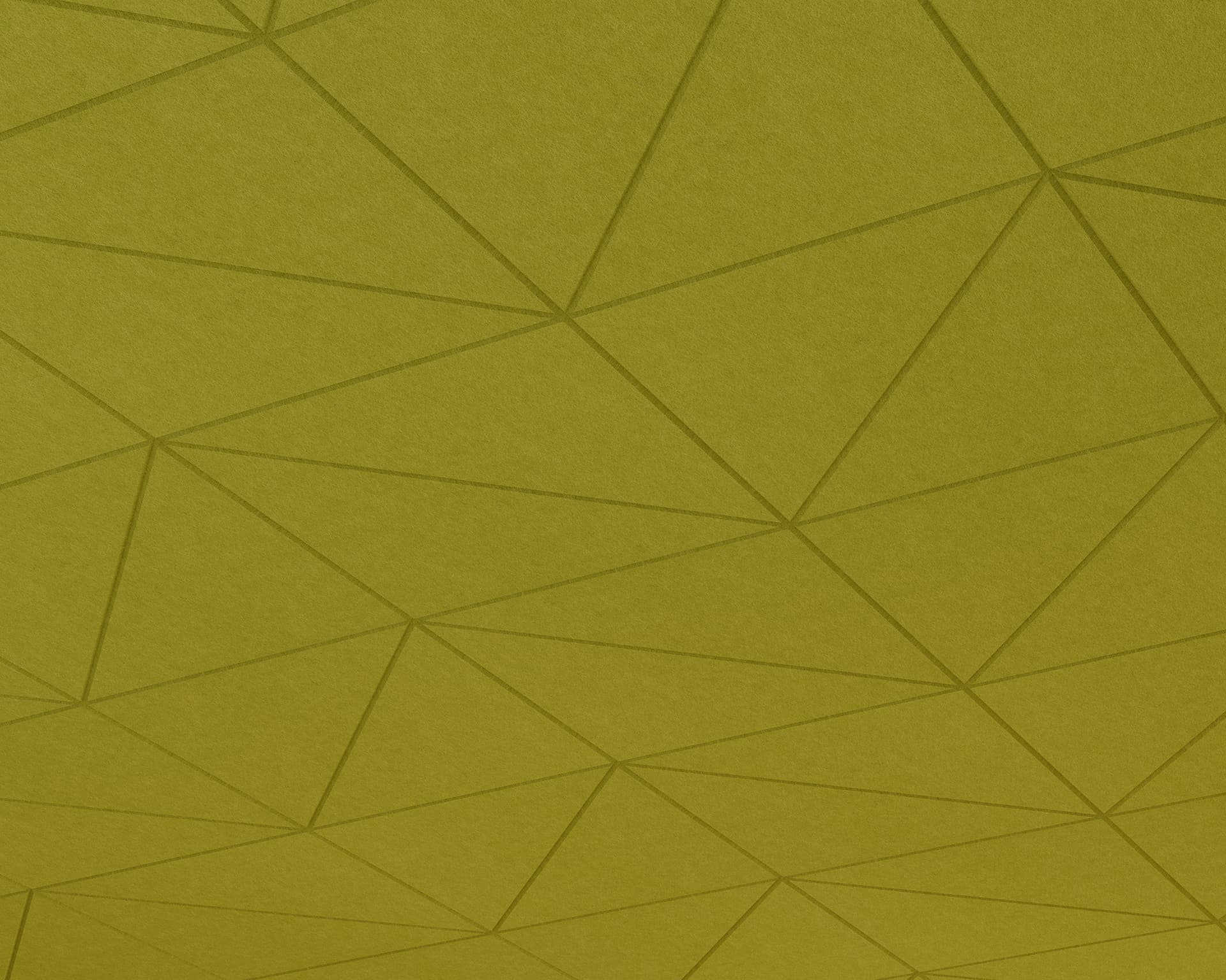 A geometric pattern of interconnected triangles covers olive green acoustic felt ceiling panels. The triangles form a grid-like design, creating a modern and structured appearance that enhances the half-fracture aesthetic with both style and function.