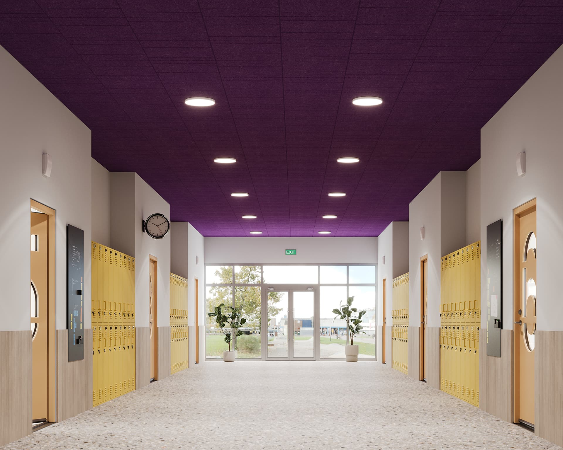 A school hallway features a purple ceiling adorned with recessed lights and acoustic felt panels. Rows of yellow lockers line both sides, accompanied by light-colored doors, potted plants, and a clock on the wall. A large window at the end offers views of a tree against the sky.