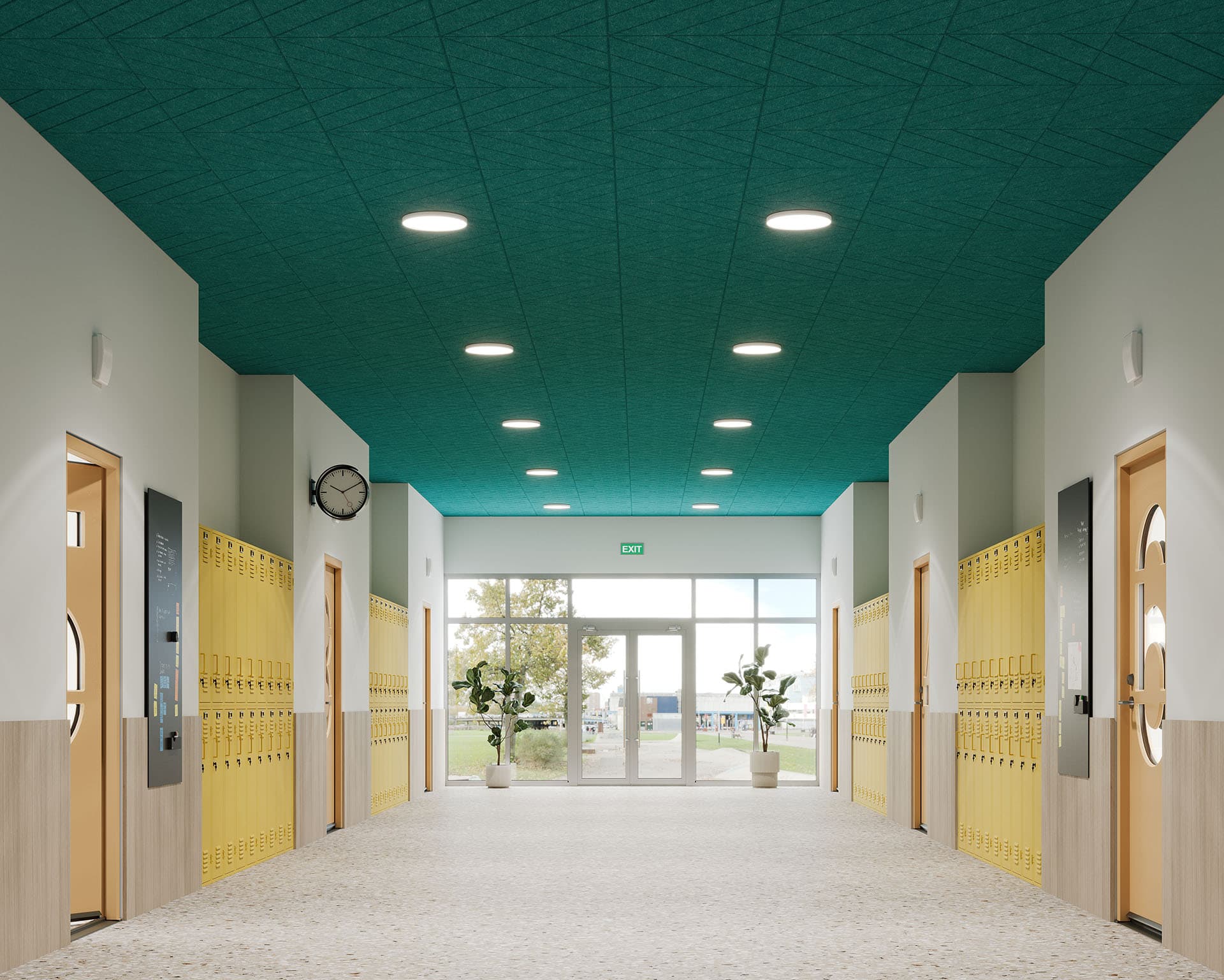 A brightly lit school hallway with yellow lockers on both sides features acoustic felt ceiling panels, creating a serene atmosphere. White walls and wooden doors with round windows line the corridor. Potted plants rest beneath the clock, and a glass exit door invites at the hallway's end.