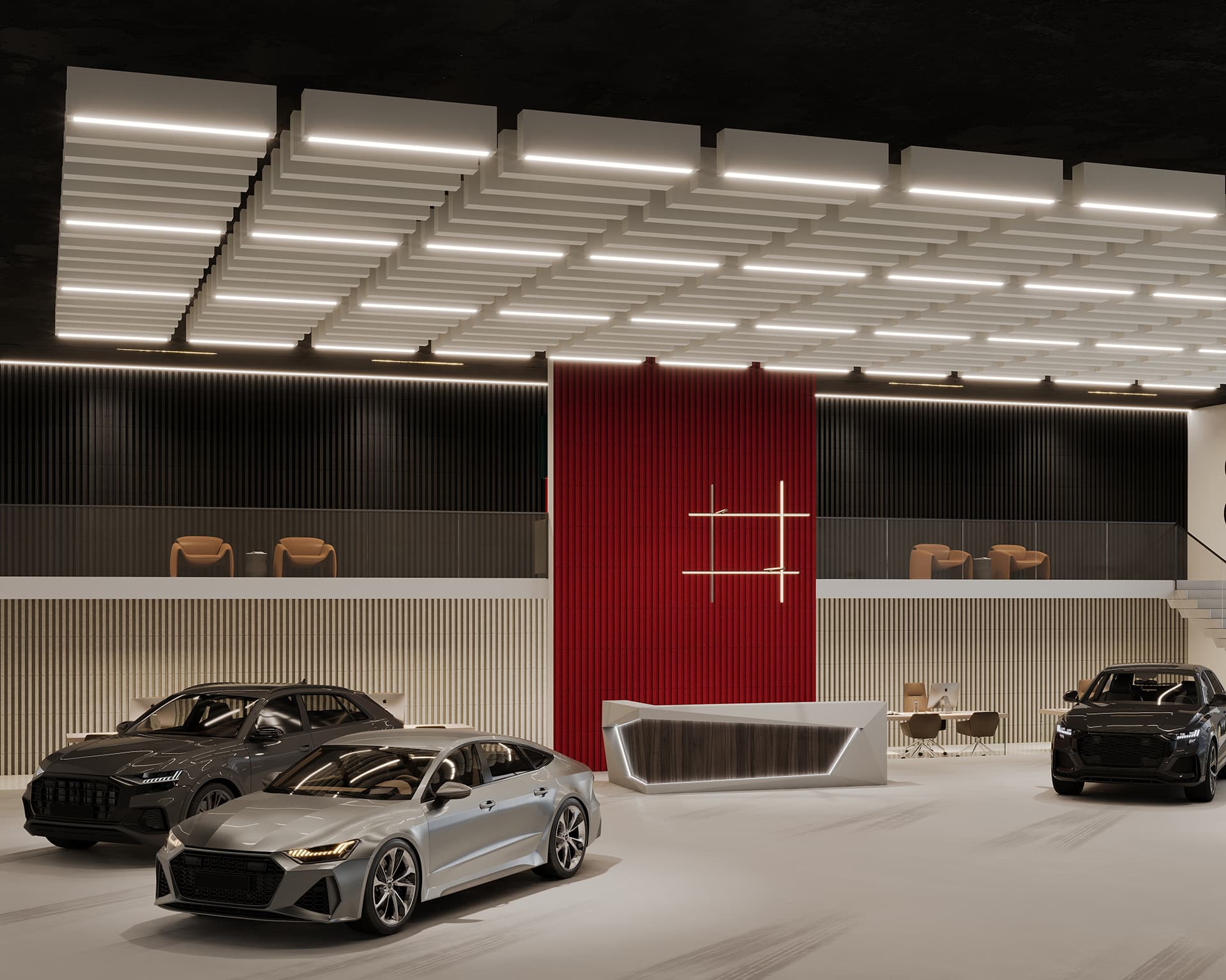 A modern showroom with three luxury cars on display. The ceiling features geometric lighting, and prominent acoustic felt wall panels add texture alongside a minimalist light fixture behind the reception desk. Upstairs, there are seating areas with tables.