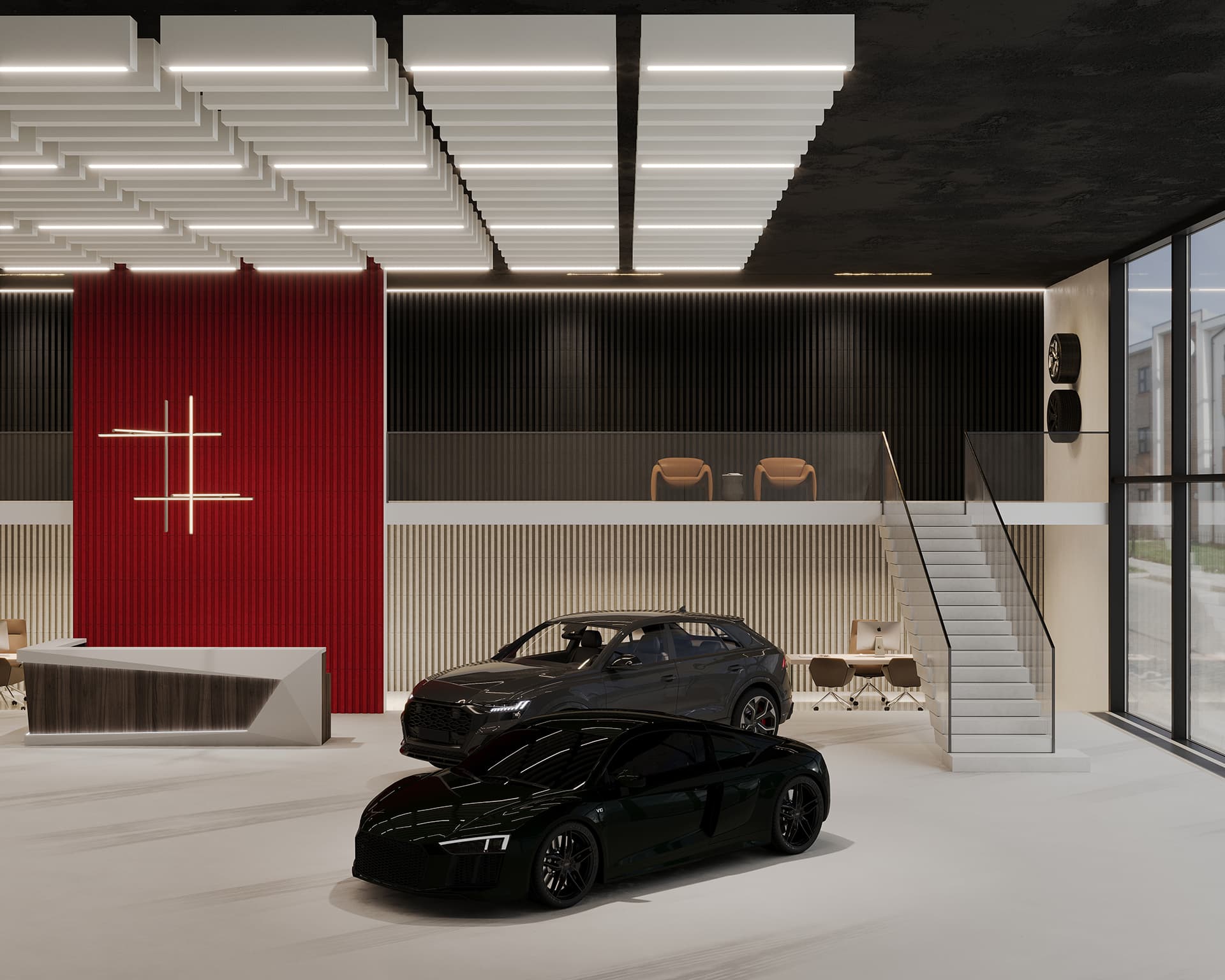 A modern showroom showcases two luxury cars, with a black car in the foreground and an SUV in the background. A staircase leads to a mezzanine with seating. The space features a red acoustic felt wall and geometric ceiling lights.