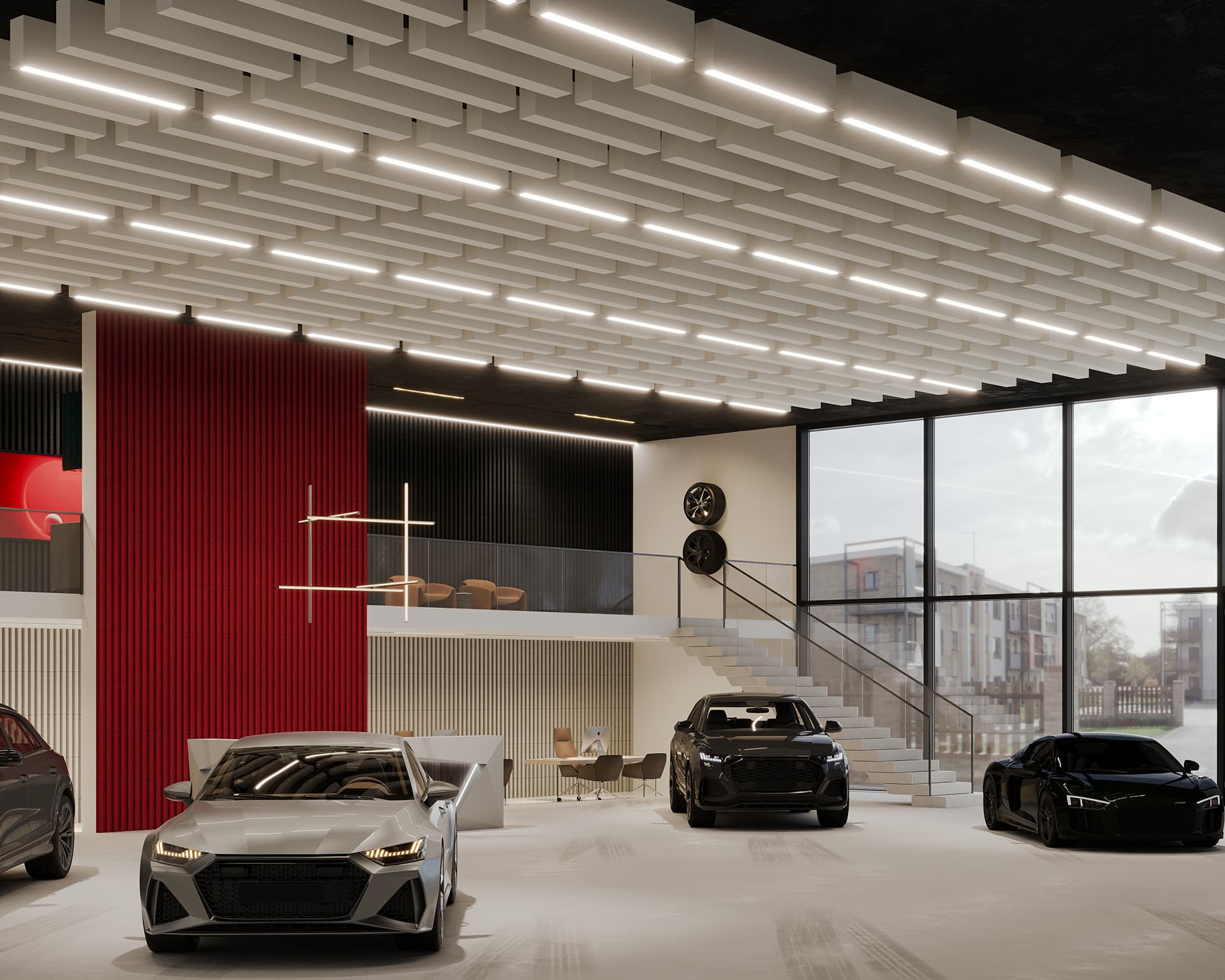 A modern car showroom featuring sleek cars and an acoustic felt wall panel with red accents. The spacious interior includes contemporary lighting, a staircase, and large windows overlooking a cityscape. The polished concrete floor enhances the minimalist design.